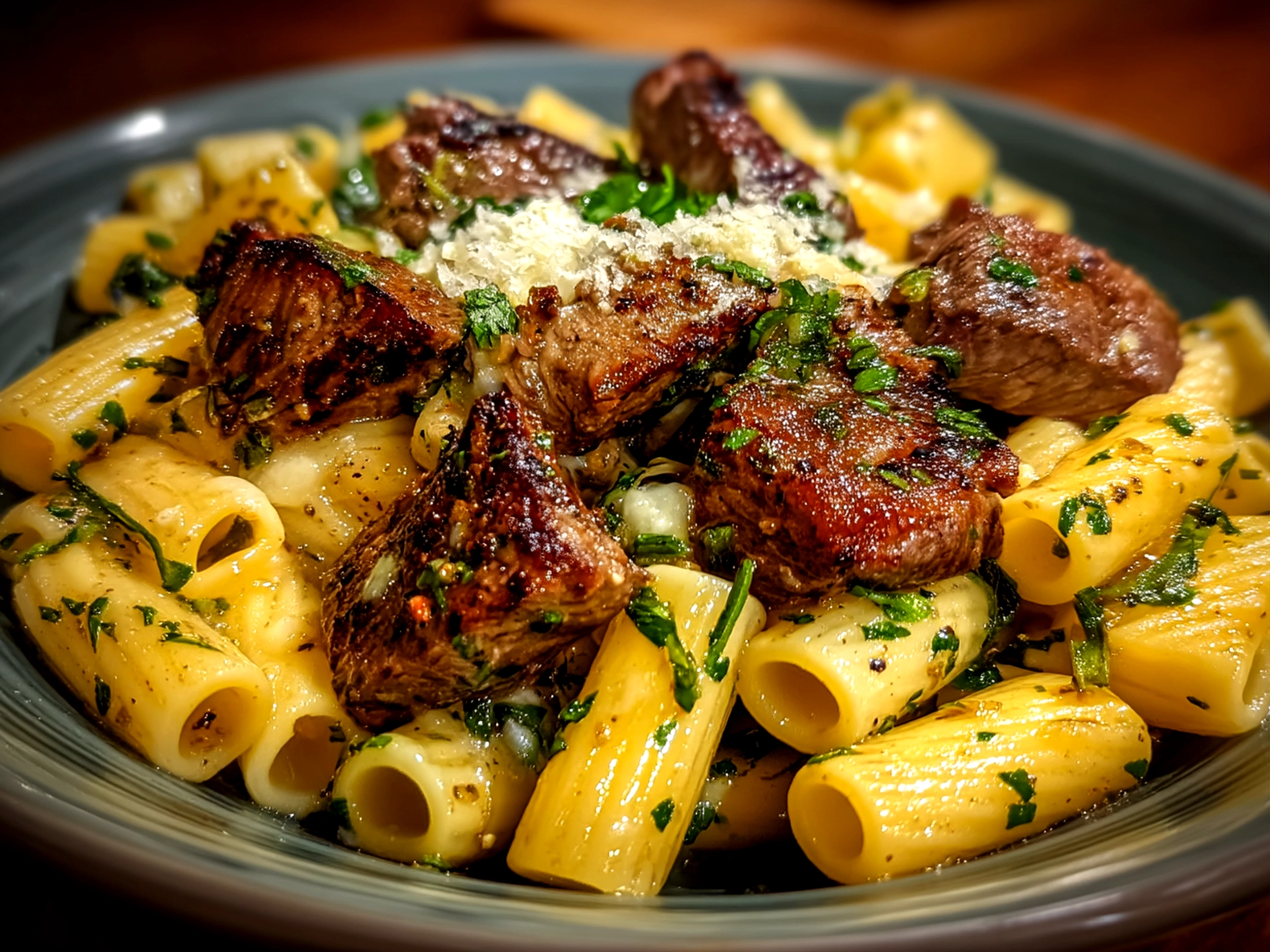 Close-up of finished creamy garlic butter steak rigatoni plated with parsley garnish