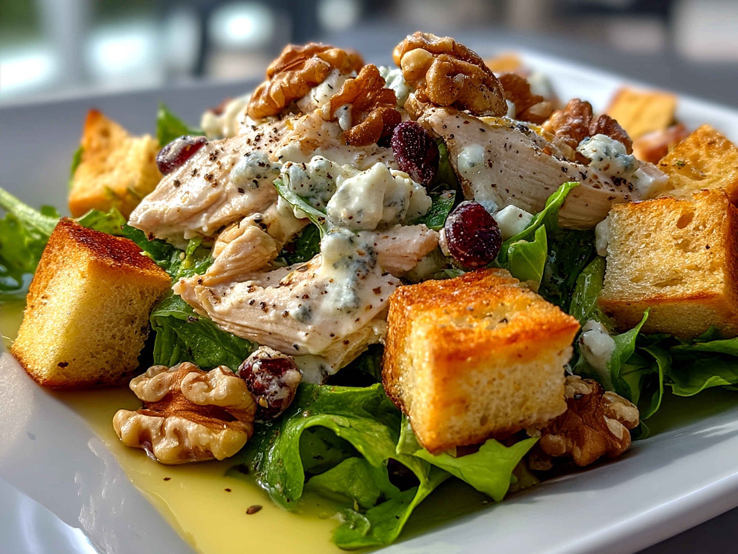 Apple Walnut Chicken Salad served on fresh leafy greens
