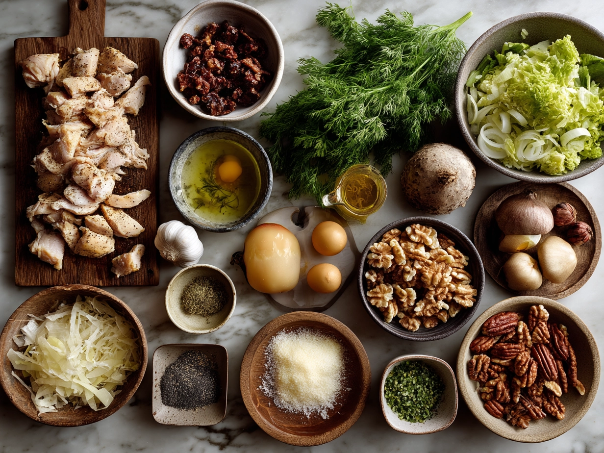 Ingredients for Apple Walnut Chicken Salad including chicken, apples, walnuts, celery, and dressing