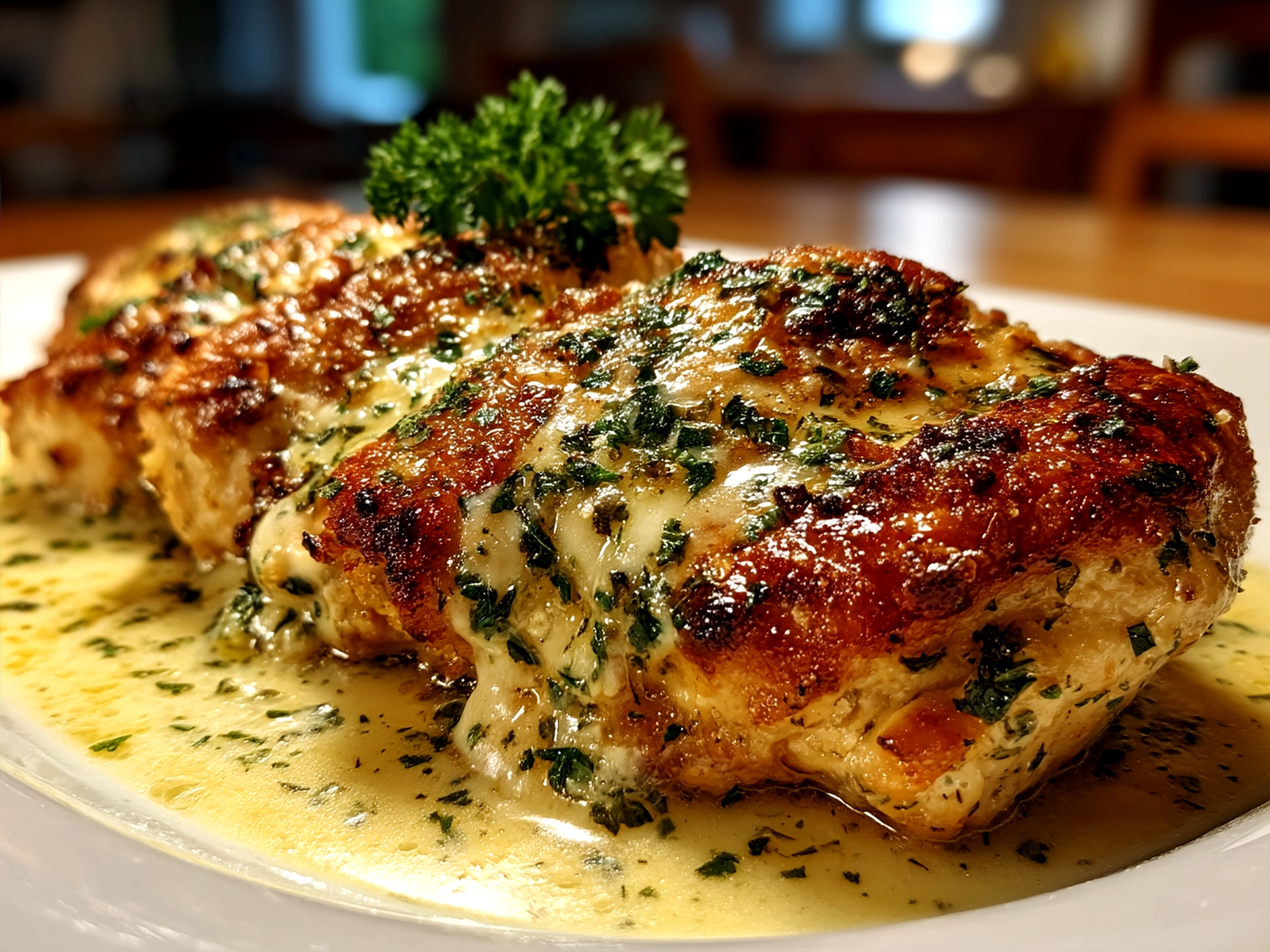 Served Baked Caesar Chicken with Creamy Parmesan Sauce with golden crust and creamy sauce on plate