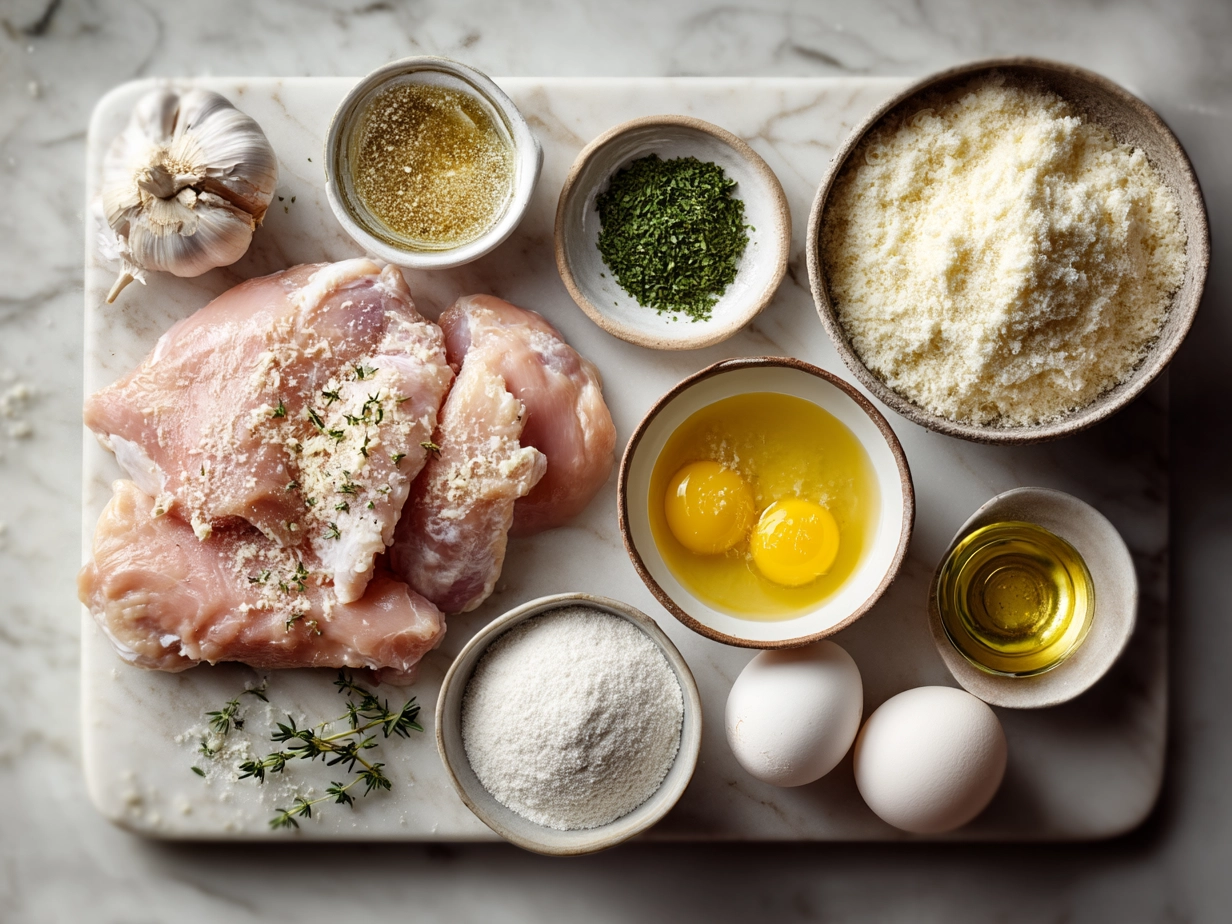 Ingredients for Baked Caesar Chicken with Creamy Parmesan Sauce including chicken breasts, Parmesan cheese, garlic, herbs, cream and olive oil