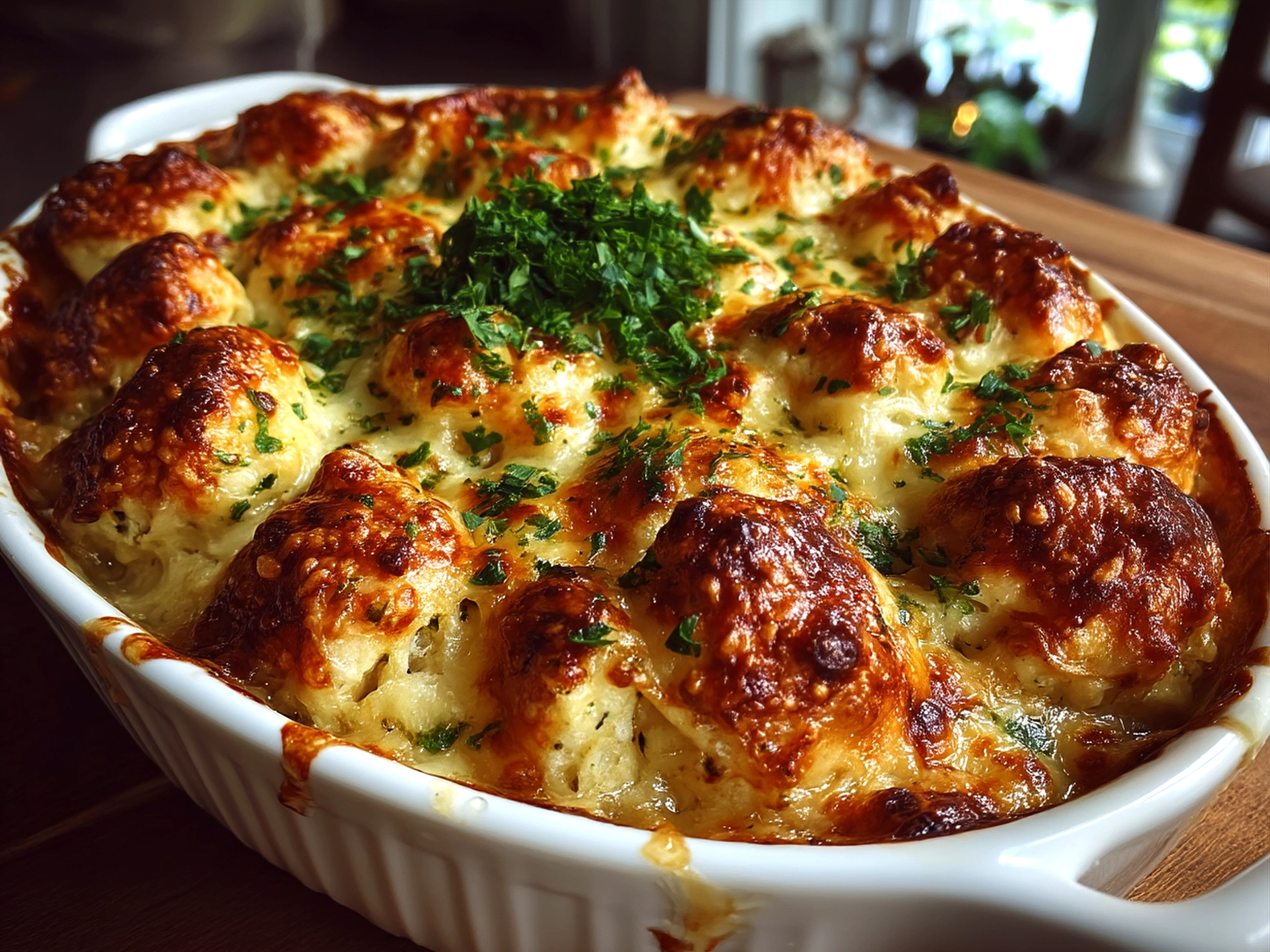 Serving of Baked Cheesy Dumpling Casserole with garnish and sides