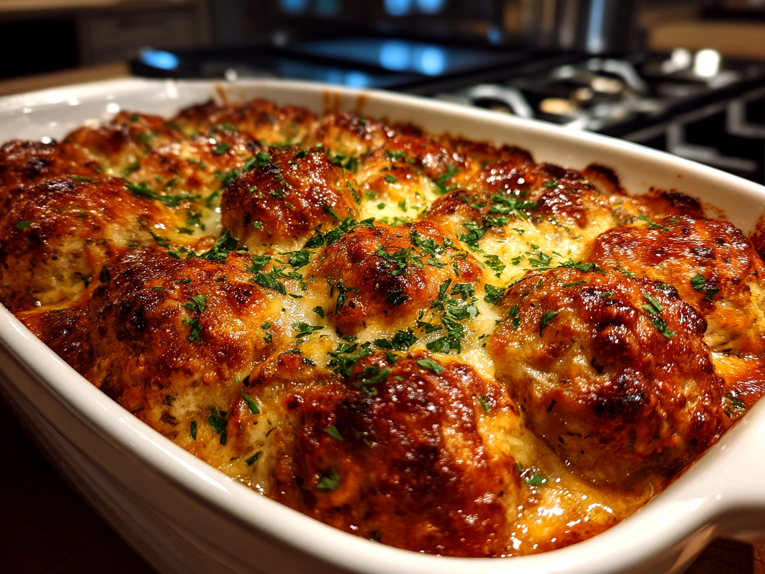 Serving platter with Baked Chicken Ricotta Meatballs garnished with basil and sauce