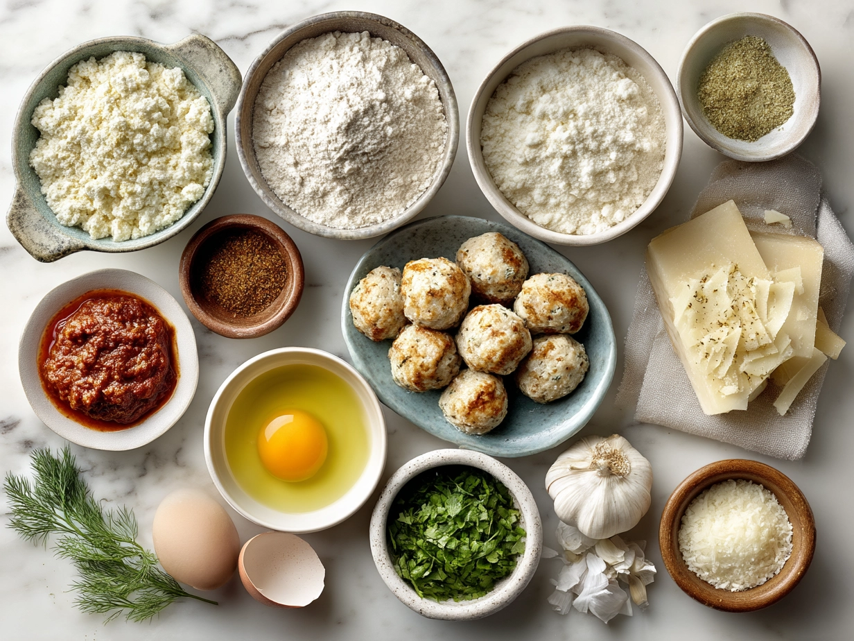 Ingredients for Baked Chicken Ricotta Meatballs including ground chicken, ricotta, parmesan, breadcrumbs, garlic, egg, parsley, and spices