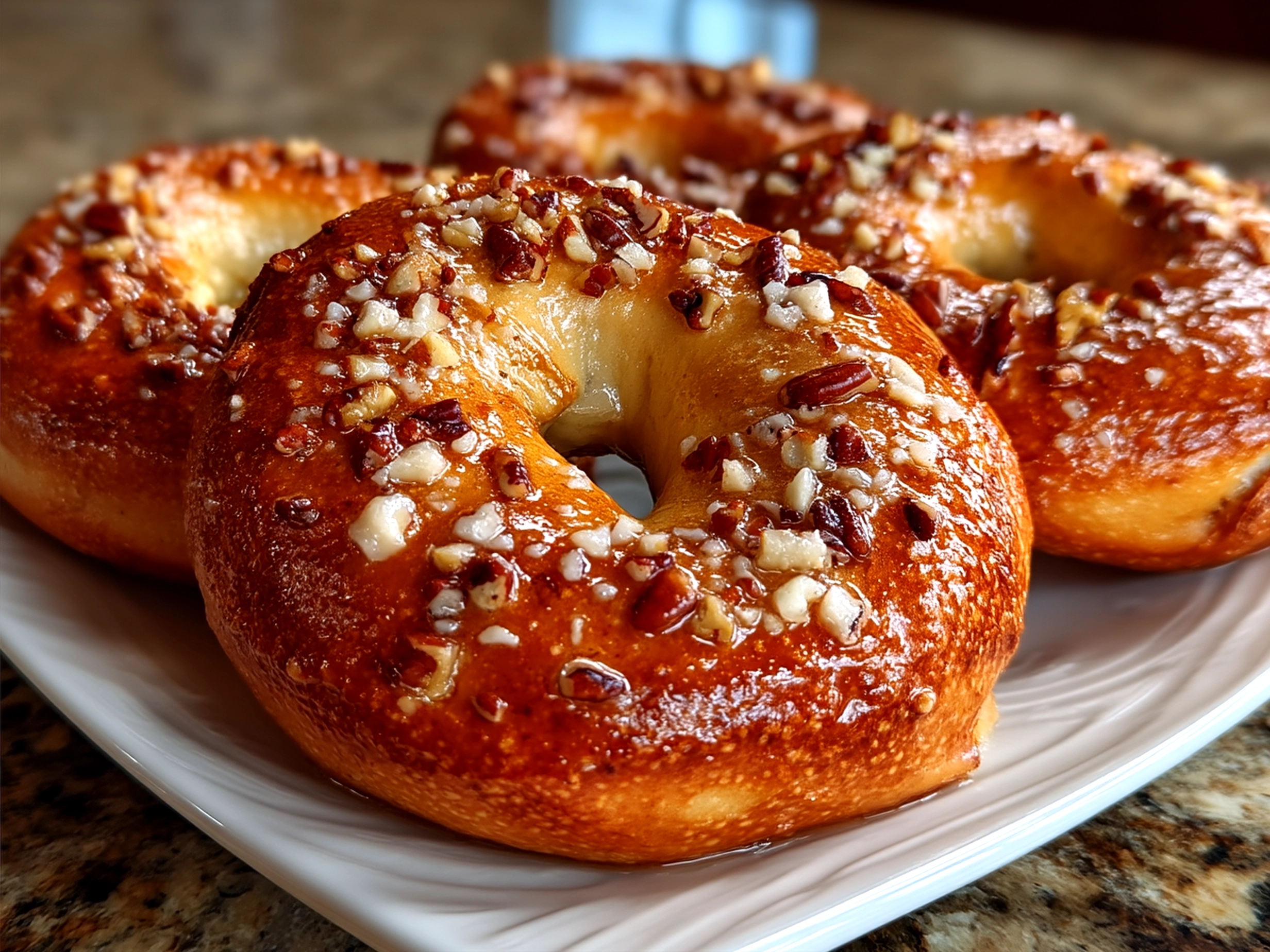 Two freshly baked Banana Nut Bagels cut in half served with cream cheese and walnuts