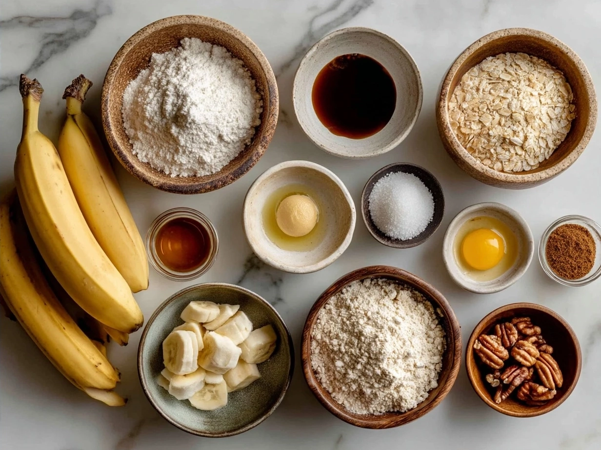 Ingredients for making Banana Nut Bagels laid out on a kitchen table