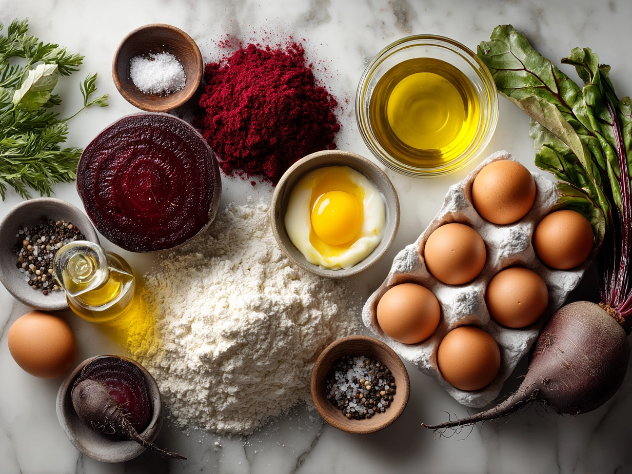 Fresh ingredients including all-purpose flour, roasted beets, eggs, olive oil, parmesan cheese for Beet Pasta recipe