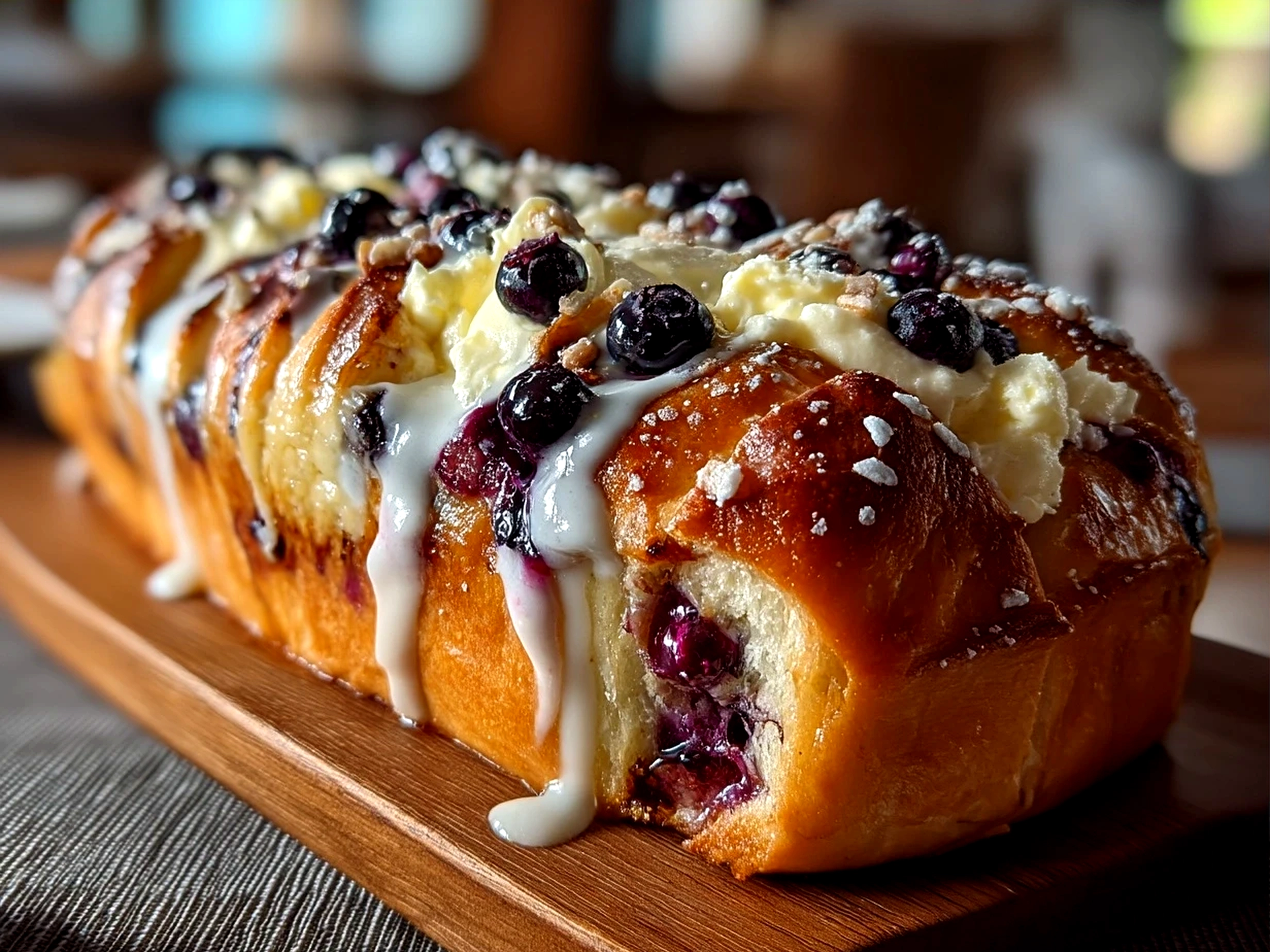 Sliced Blueberry Babka with Cream Cheese served on wooden board