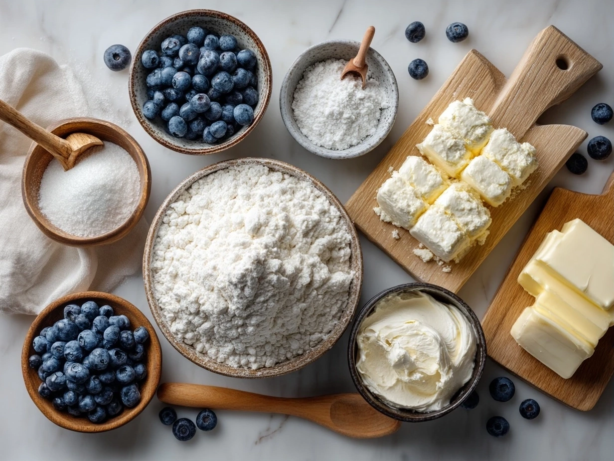 Ingredients for Blueberry Babka with Cream Cheese arranged on kitchen counter