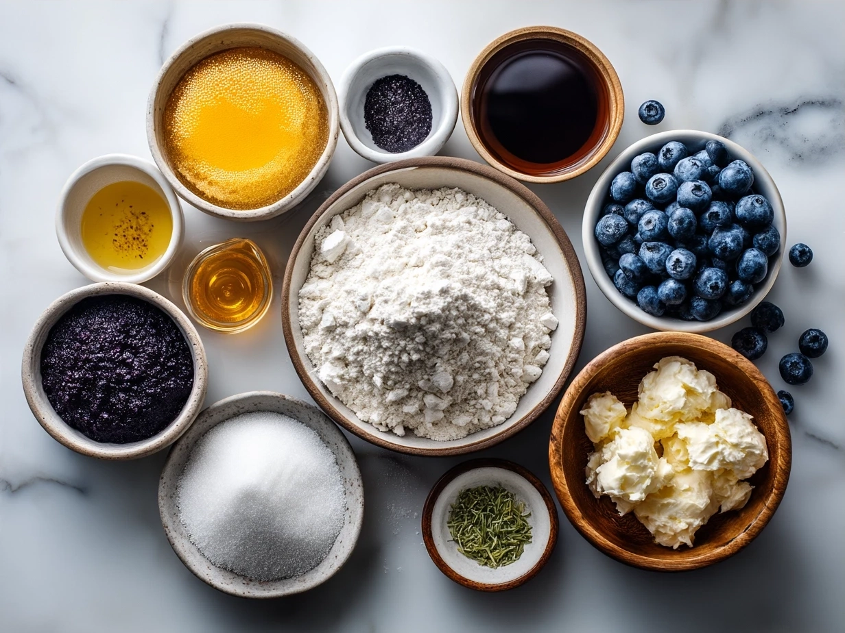 Ingredients for homemade blueberry bagels including bread flour, blueberries, yeast, and more