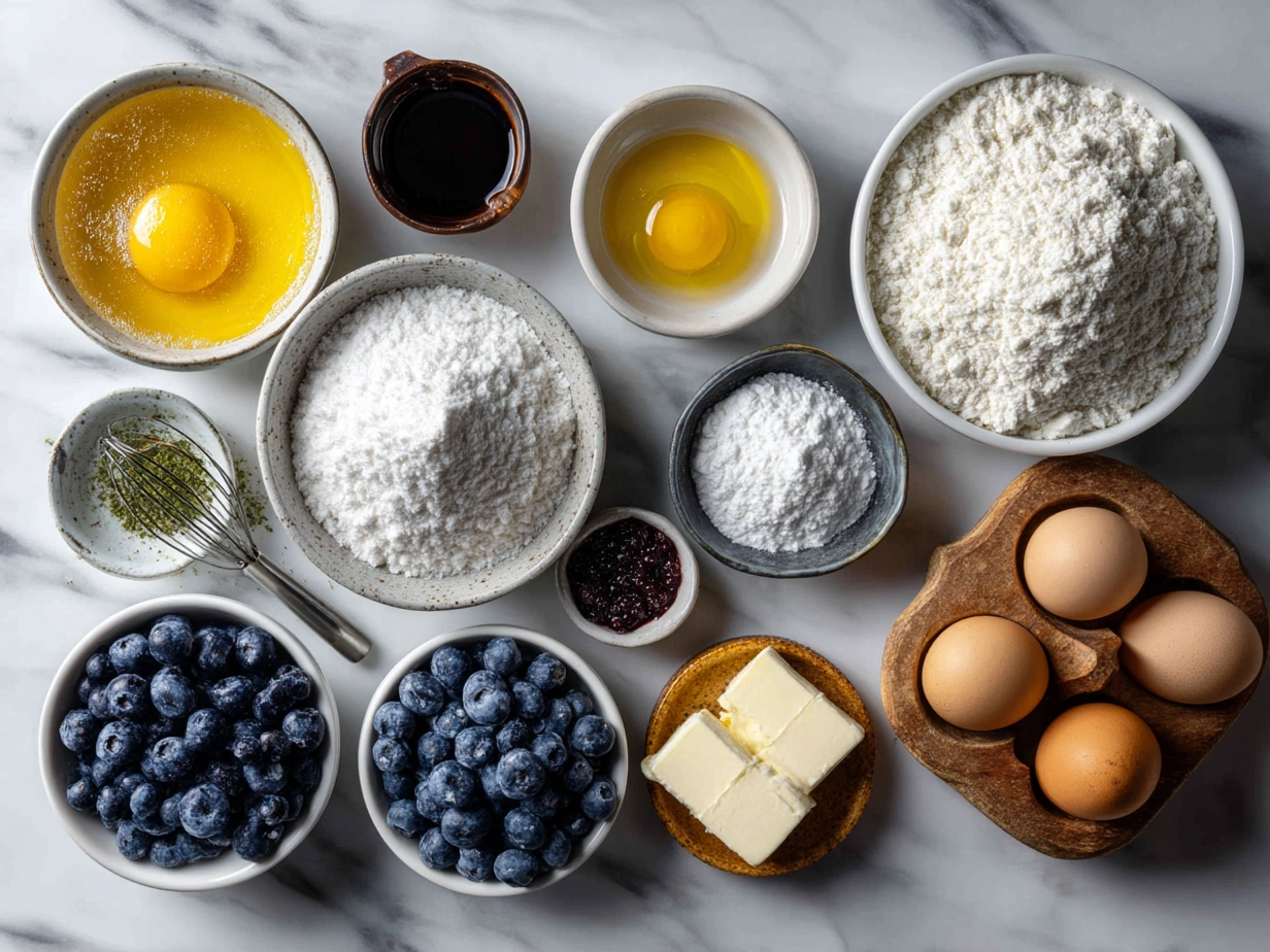 Ingredients for Blueberry Coffee Cake laid out on a table including flour, sugar, butter, eggs, blueberries