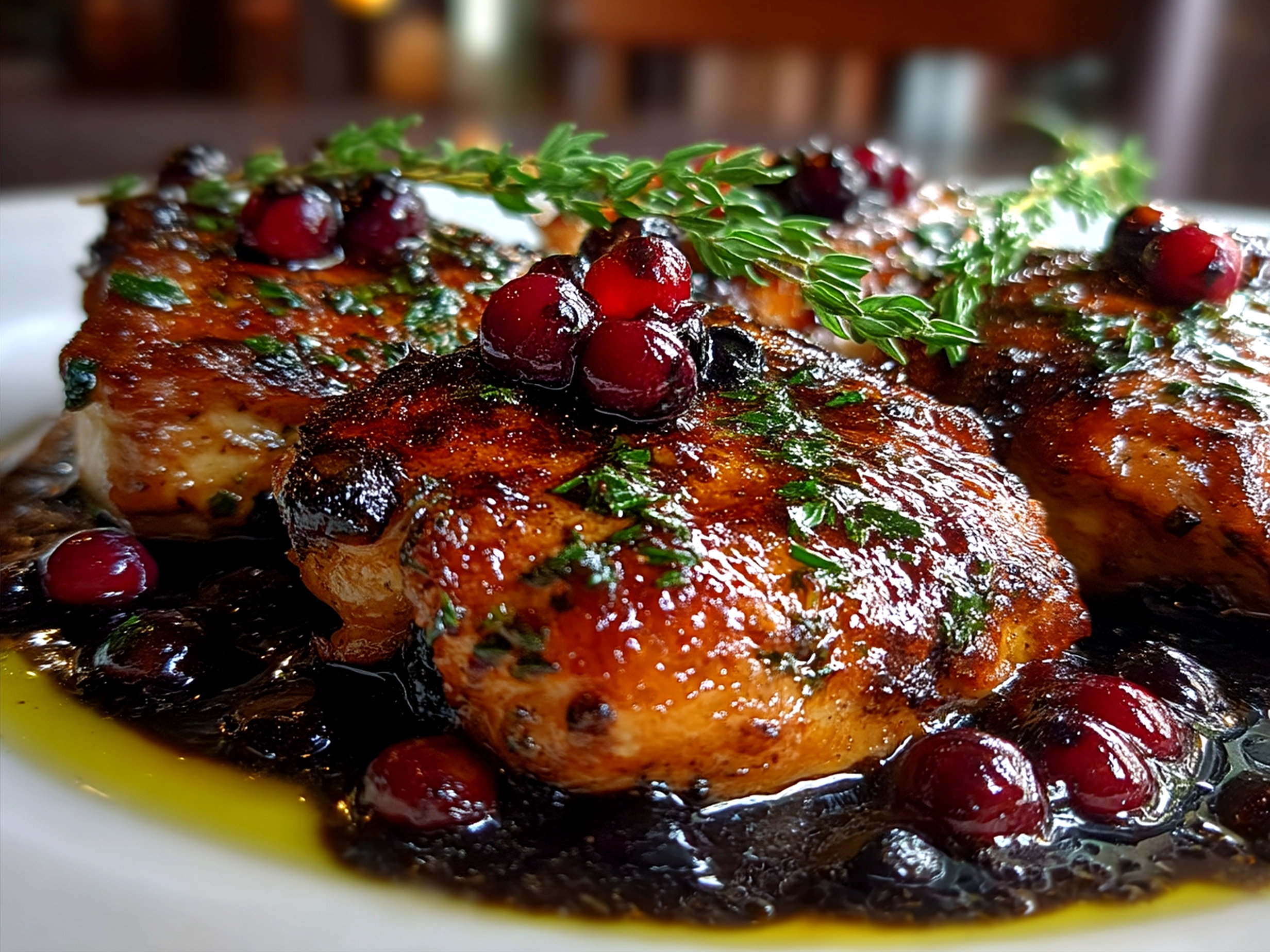 Blueberry Thyme Chicken served on a plate with mashed potatoes and roasted vegetables