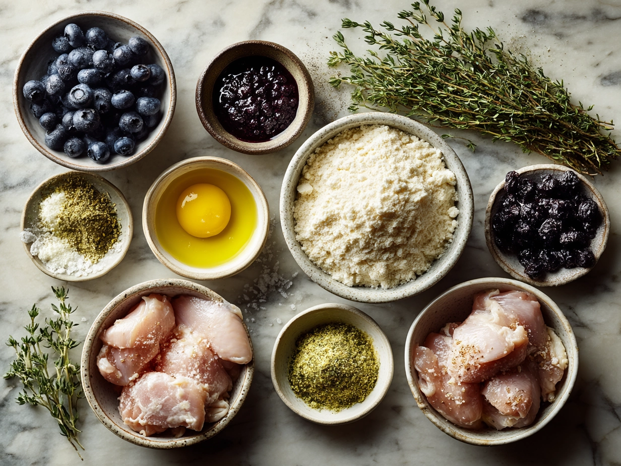 Ingredients for Blueberry Thyme Chicken including fresh blueberries, thyme, chicken breasts, and other essentials