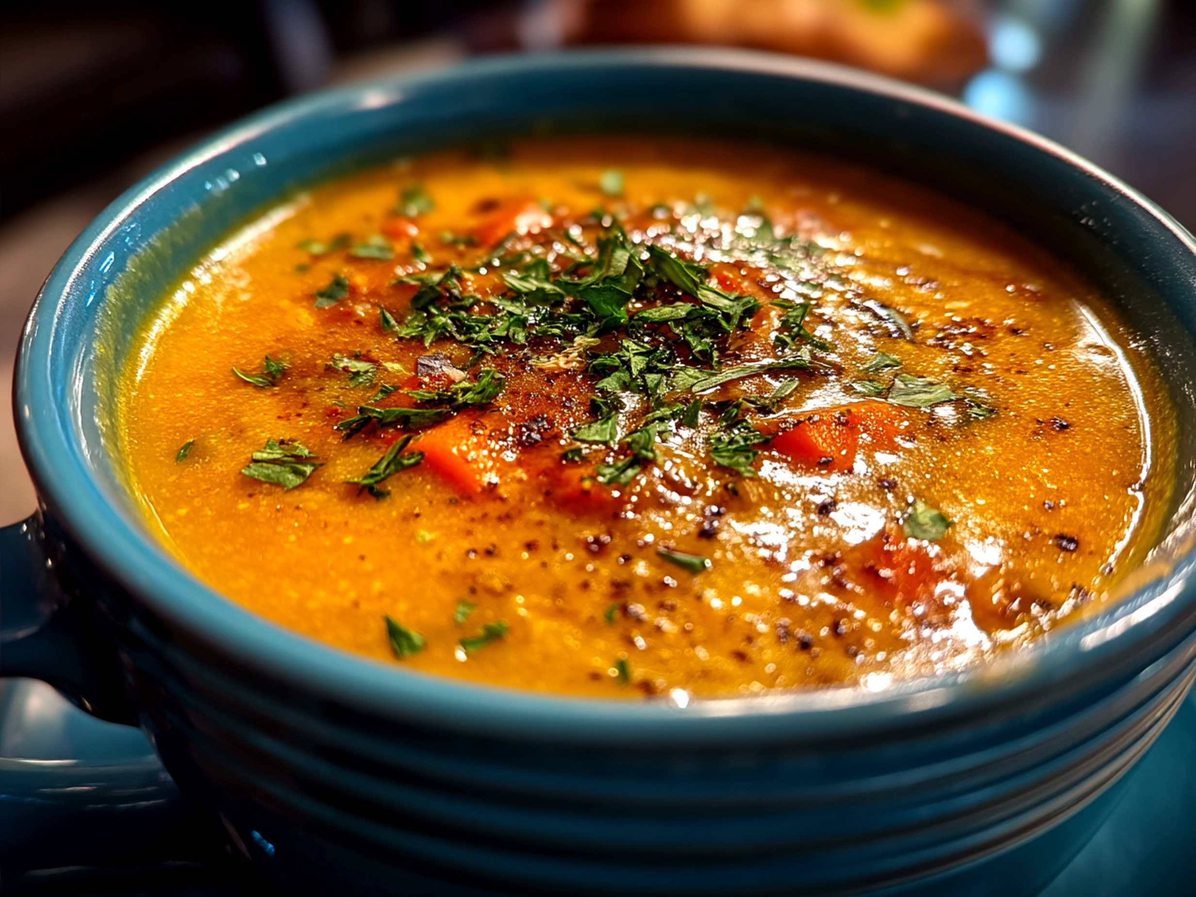 Served Carrot and Lentil Soup garnished with herbs and seeds