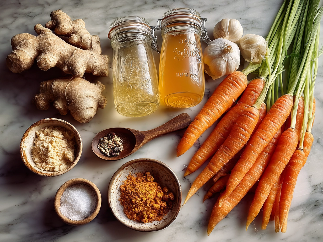 Fresh ingredients for Carrot Ginger Soup including carrots, ginger root, onion, and spices