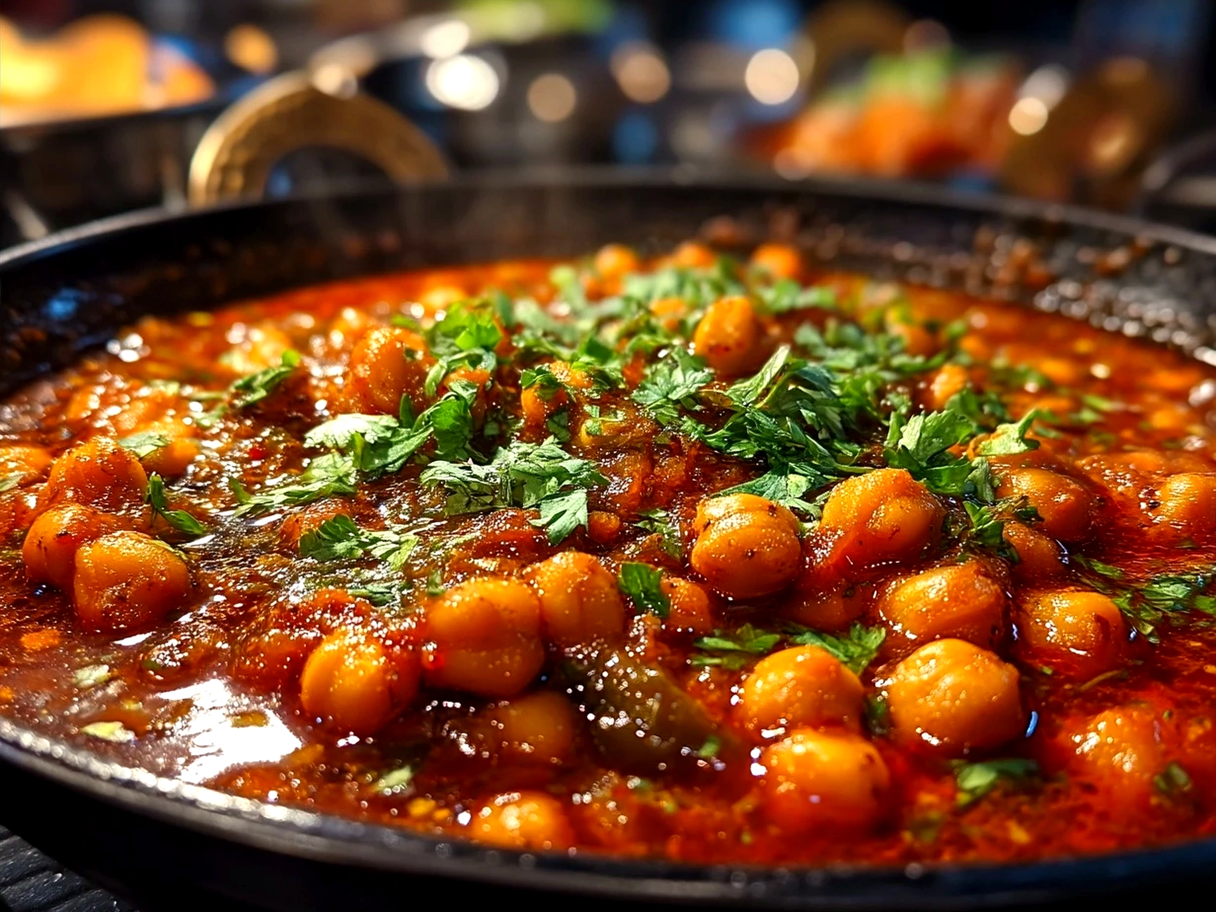 Served Chana Masala with fresh cilantro garnish alongside rice