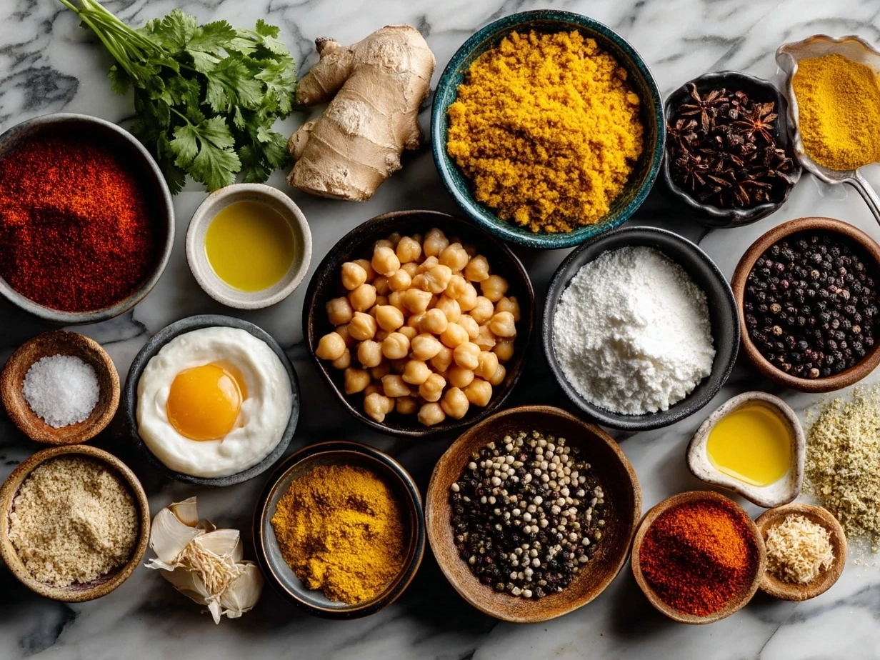 Ingredients for bold and spicy Chana Masala including spices and fresh vegetables