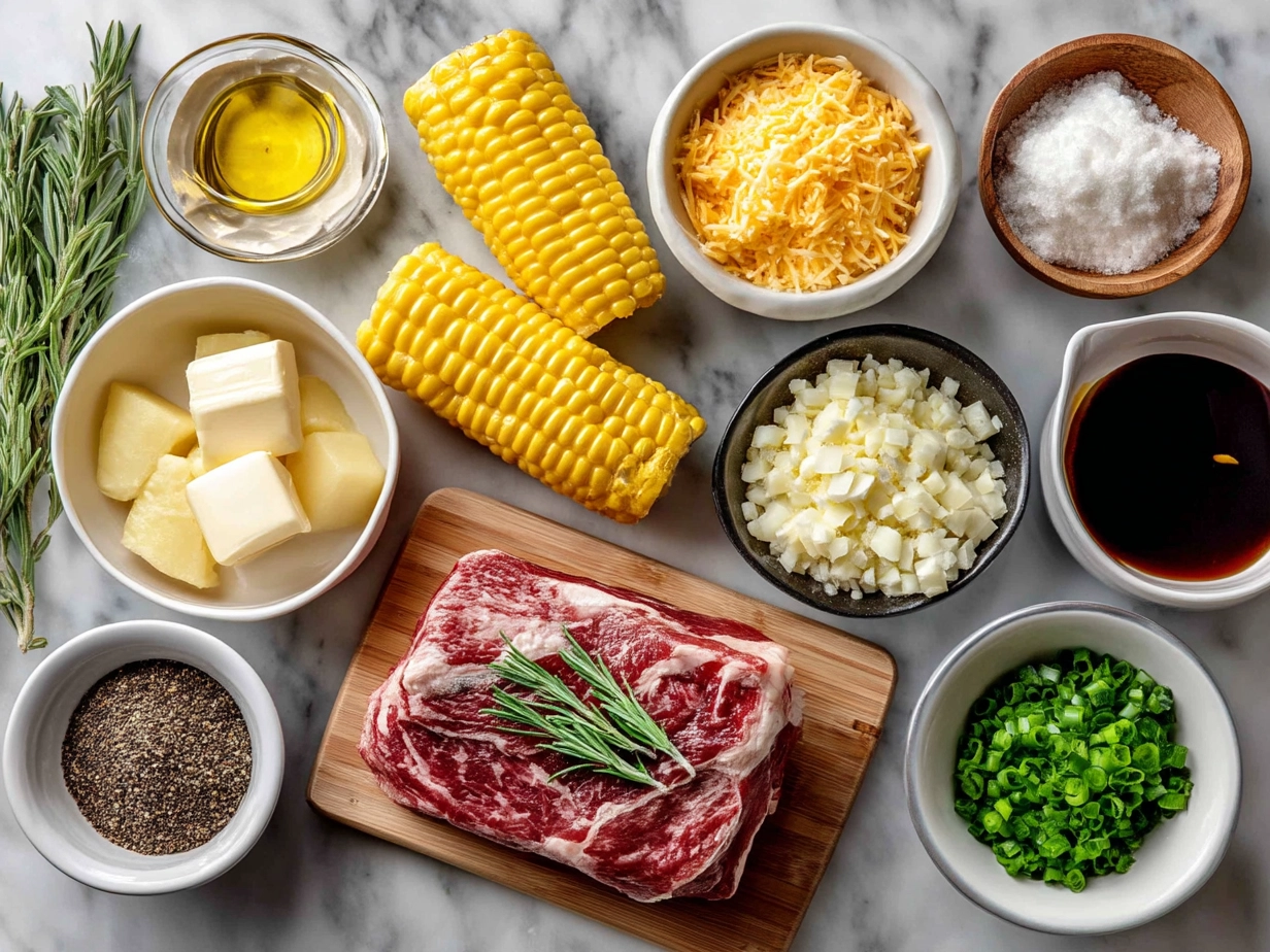 Ingredients for Cheesy Corn Ribs including corn on the cob ribs, sharp cheddar cheese, butter, and spices