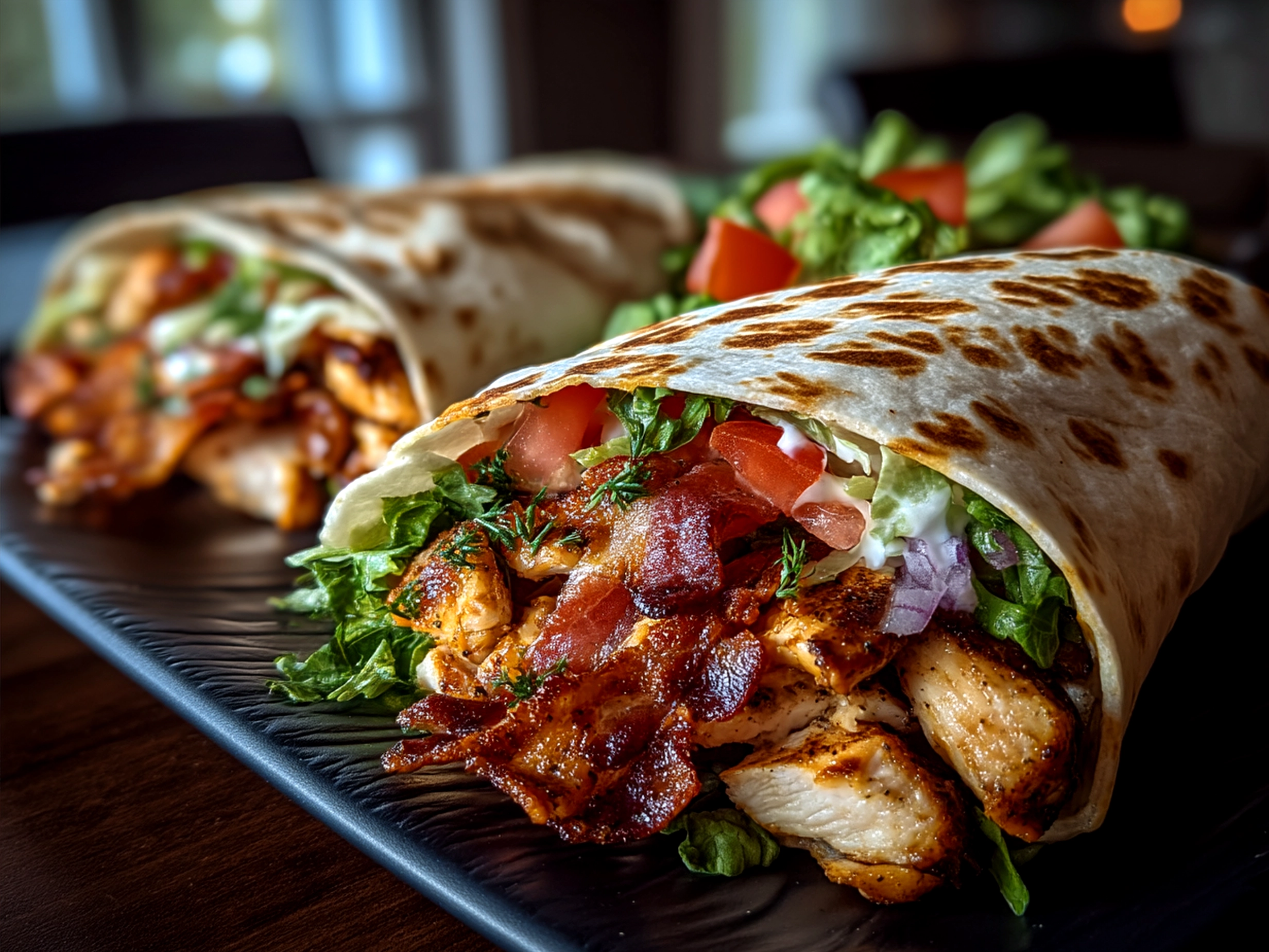 Plated Chicken Bacon Wrap slices with crispy bacon edges, grilled veggies, and fresh herbs