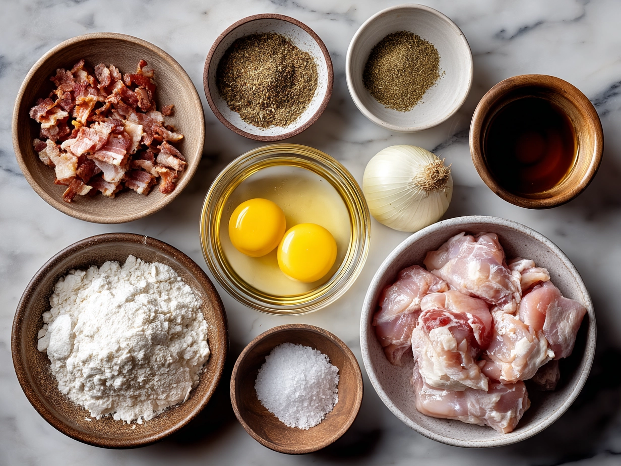 Ingredients for Chicken Bacon Wrap including chicken breasts, bacon, shredded cheddar, ranch seasoning, olive oil, smoked paprika, salt, and pepper