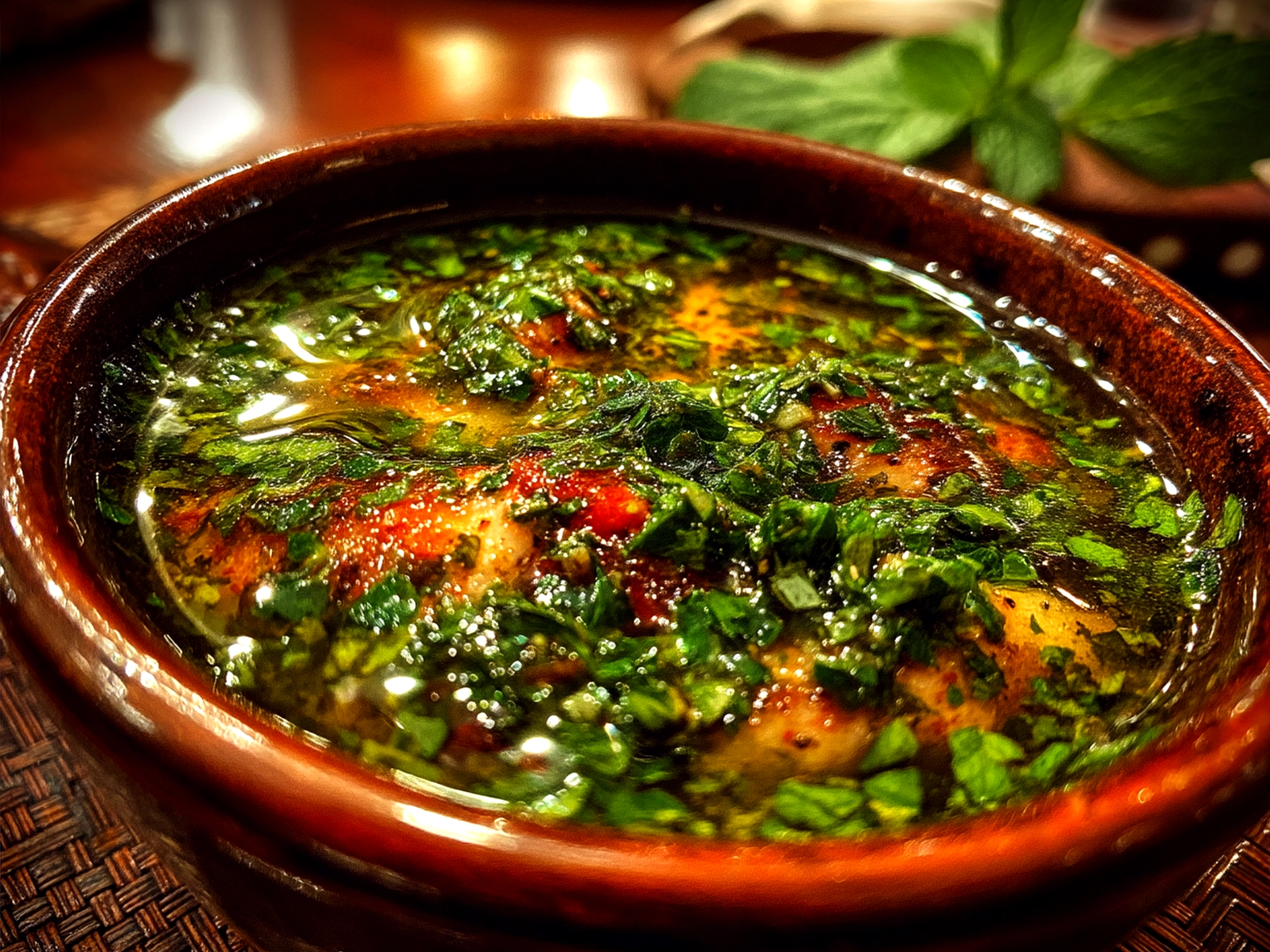 Chimichurri Sauce drizzled over grilled steak, served with rustic bread