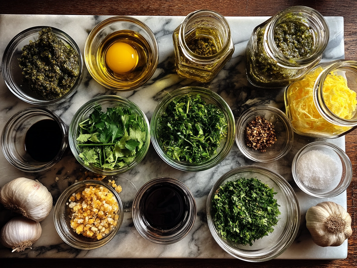 Ingredients for Chimichurri Sauce including parsley, garlic, olive oil, and red chili flakes