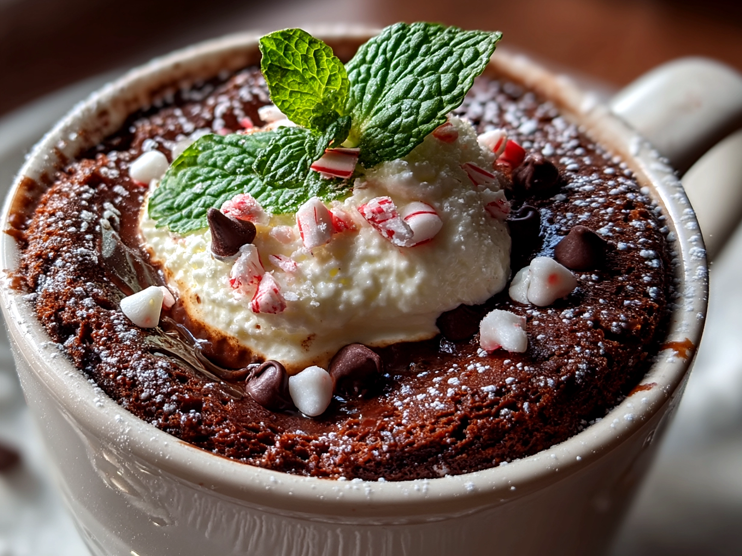 Served Chocolate Peppermint Mug Cake topped with whipped cream and crushed peppermint candies