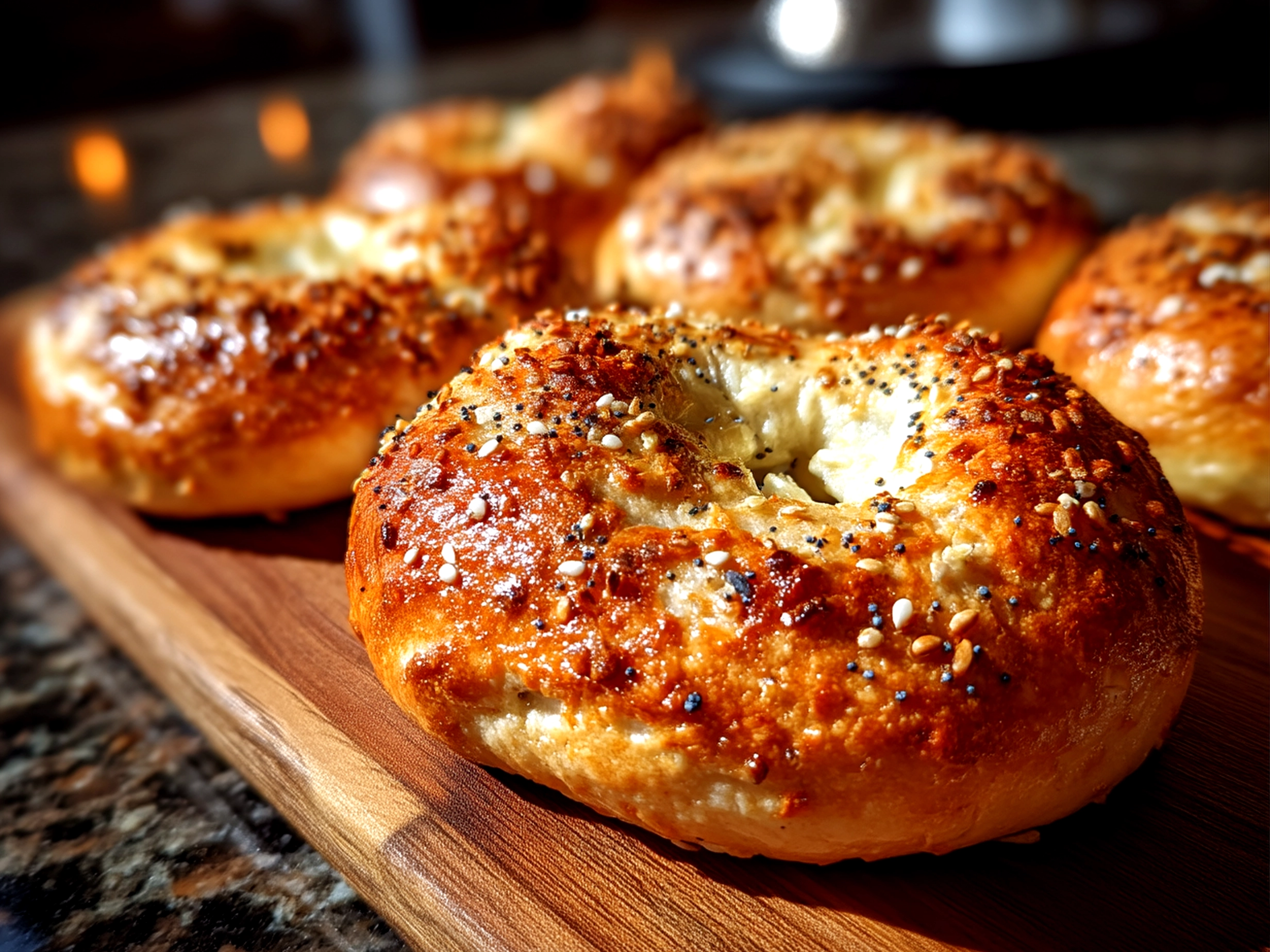 Close-up of finished gluten-free Greek yogurt bagels with rich inviting finish