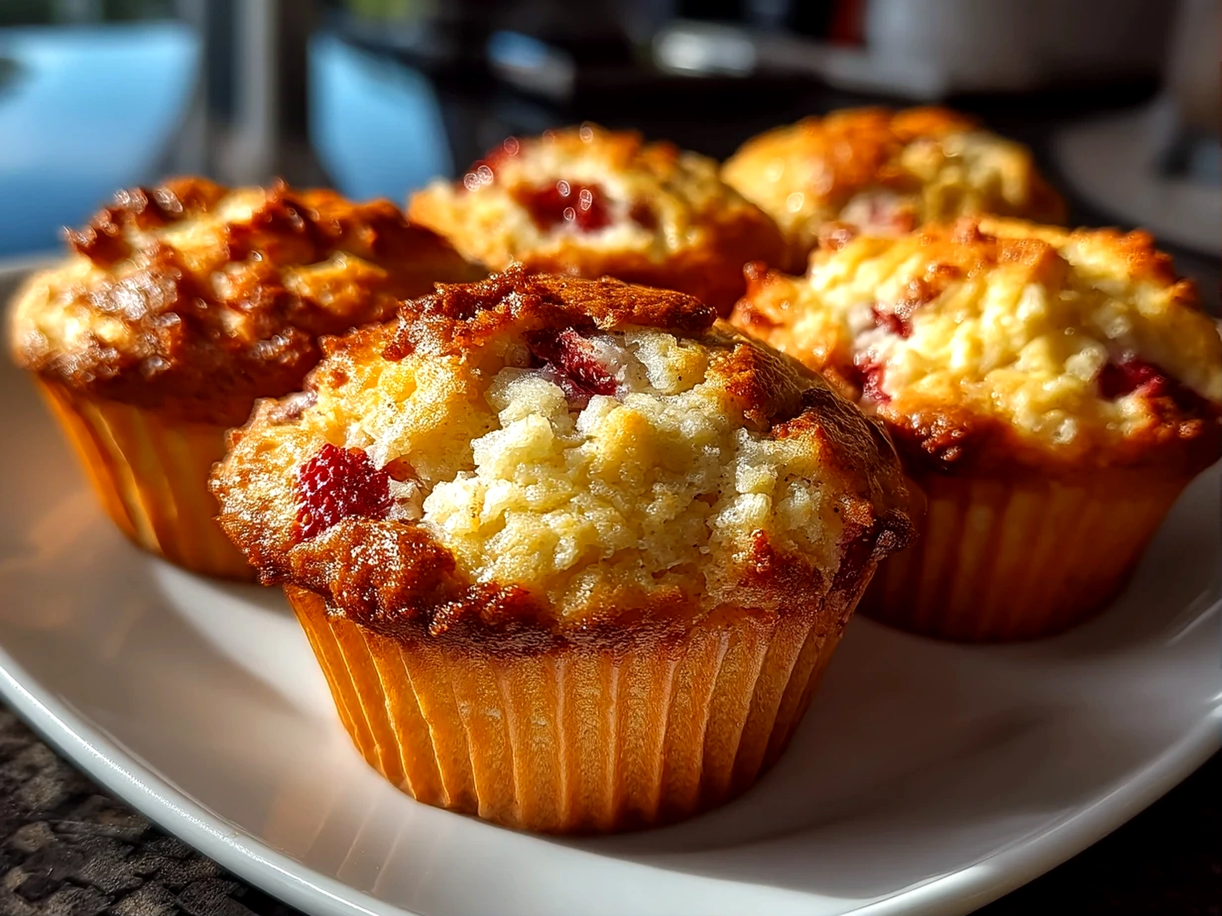Close-up of finished Keto Strawberry Muffins with Almond Flour fresh from the oven