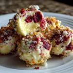 Close-up of homemade raspberry cheesecake truffles on white plate