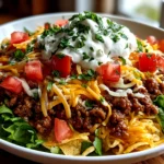 Close-up slight angle of freshly prepared Ranch Taco Party Bowl on white plate