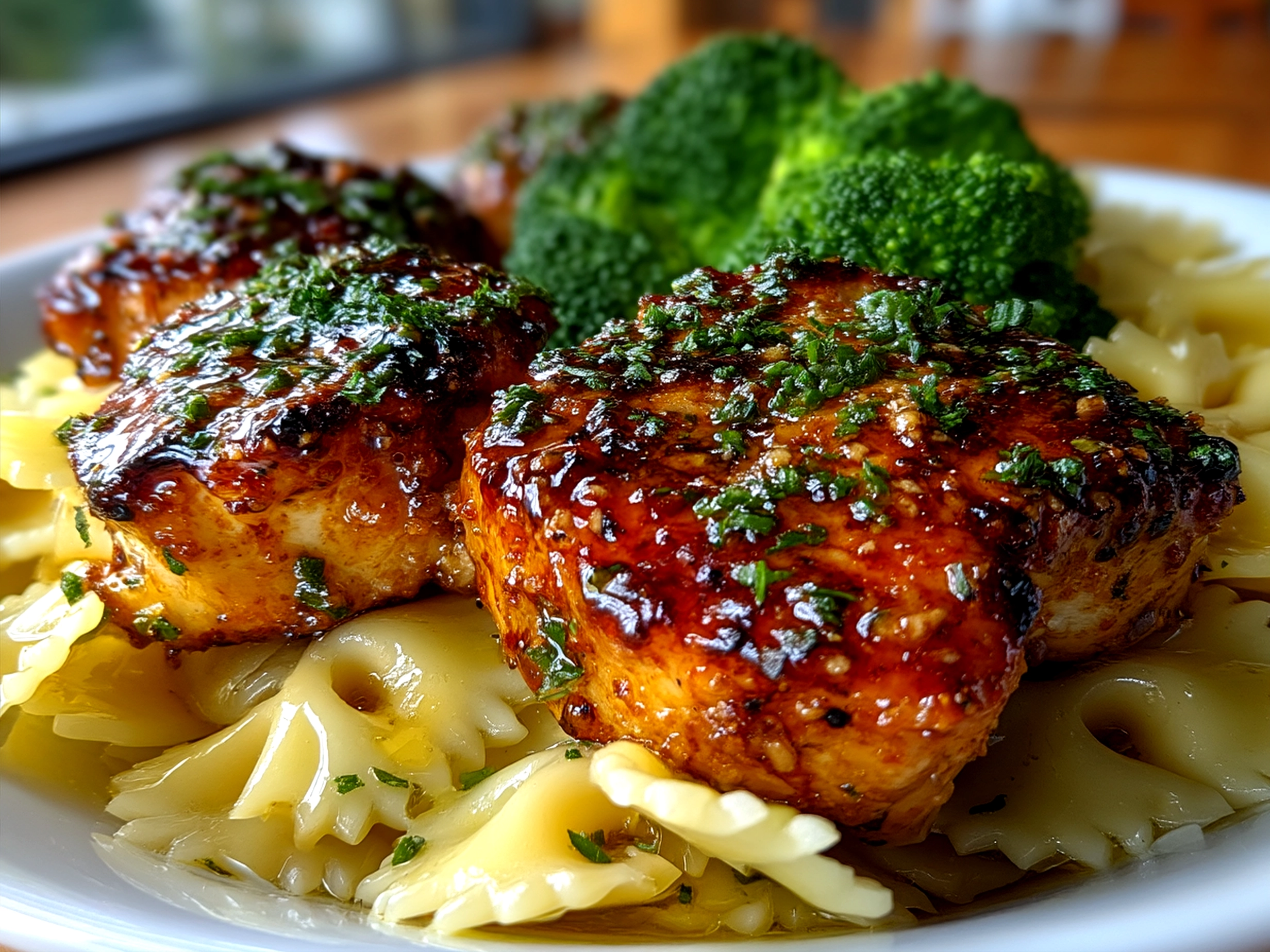 Served Cowboy Butter Lemon Bowtie Chicken with Broccoli plated and ready to eat