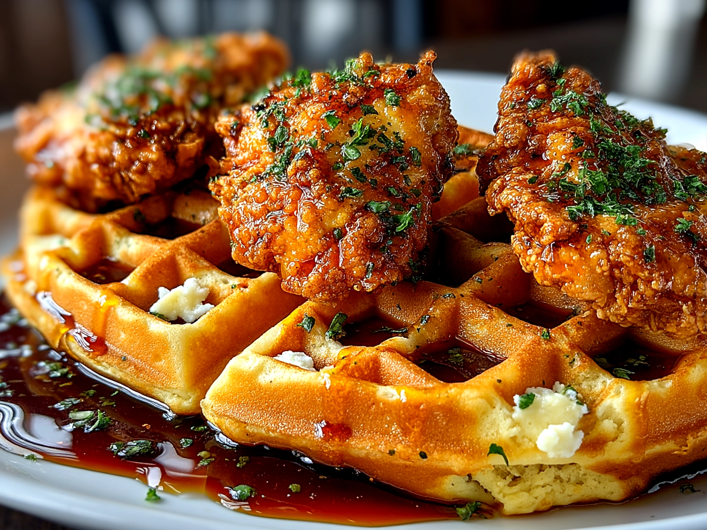 Serving of Crispy Chicken Waffles with syrup drizzle and a crispy finish