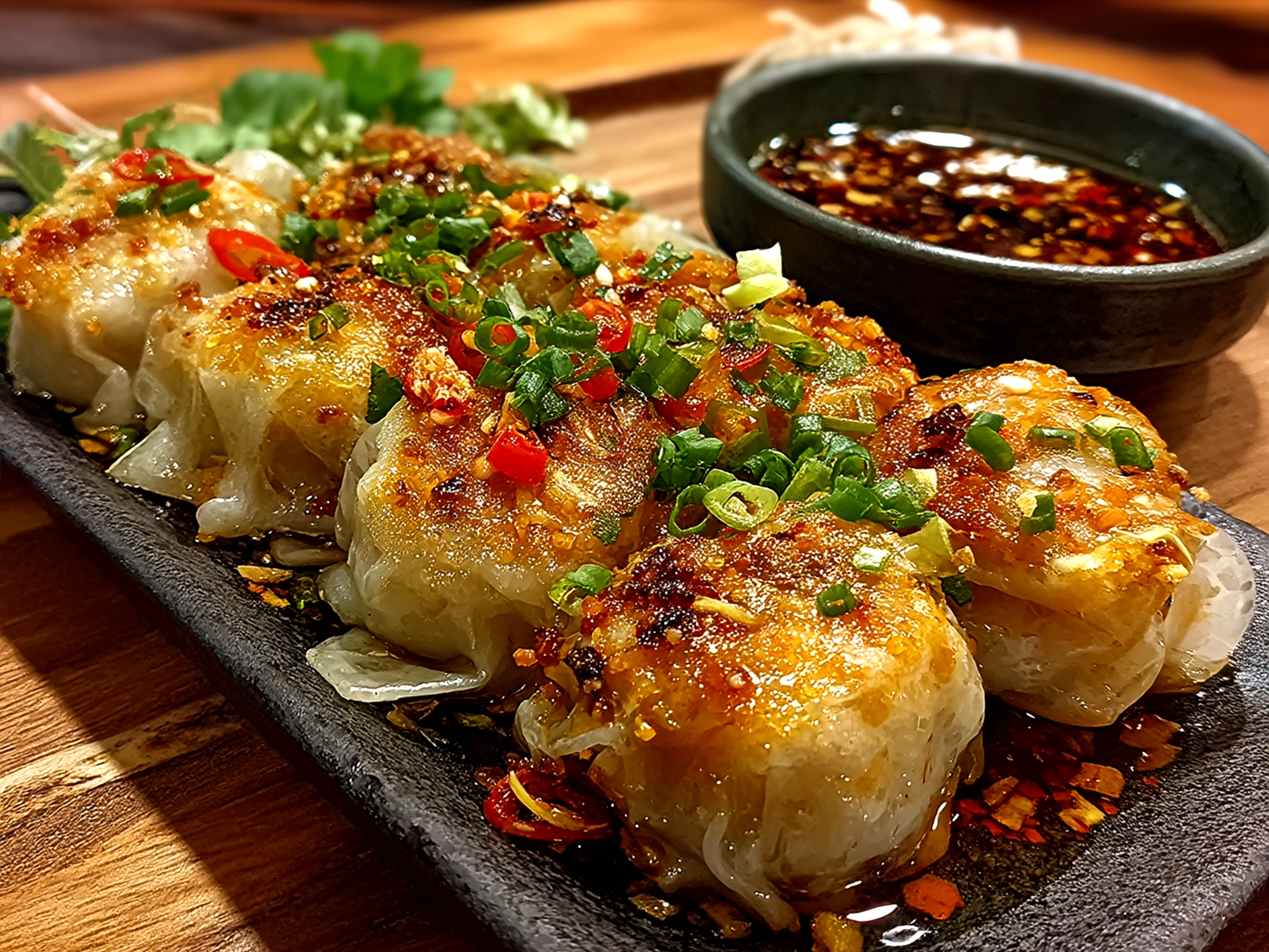 Plated Crispy Rice Paper Dumplings on a dark slate with dipping sauce