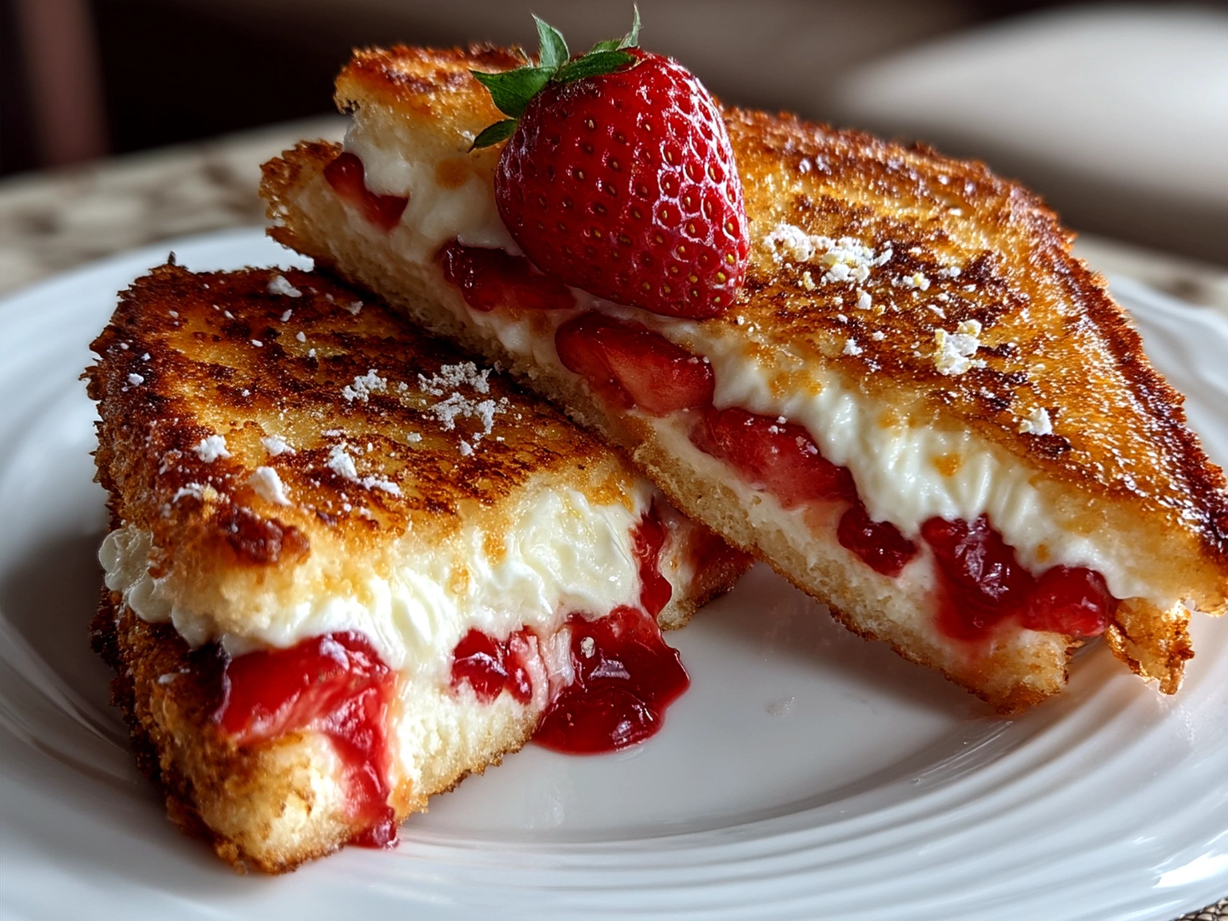 Crispy Strawberry Cheesecake Sandwich served on a white plate with sliced strawberries and powdered sugar