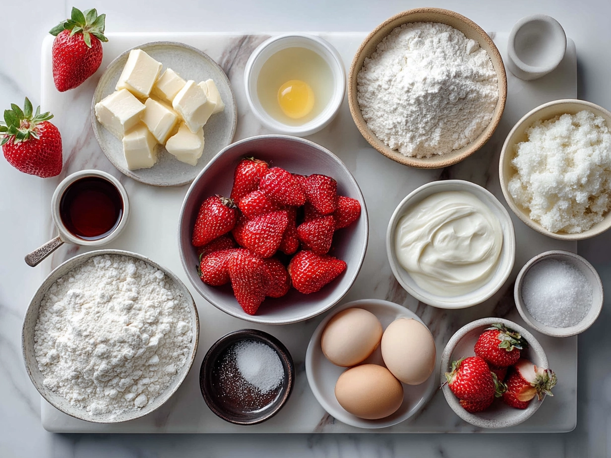 Ingredients for Crispy Strawberry Cheesecake Sandwich including fresh strawberries, cream cheese, powdered sugar, vanilla, rice paper sheets, strawberry jam, and lemon zest