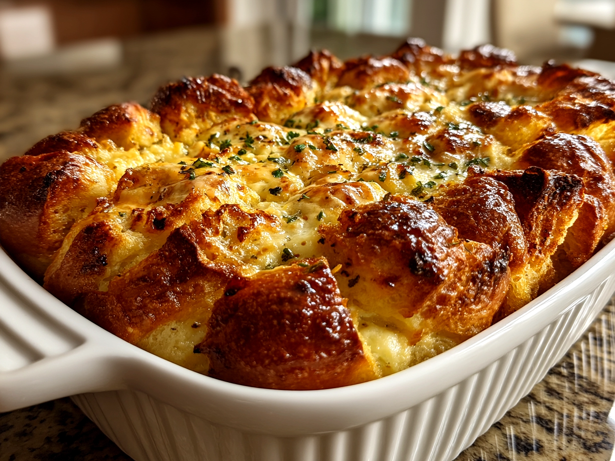 Serving Croissant Breakfast Casserole showing golden baked casserole squares with cheese and ham