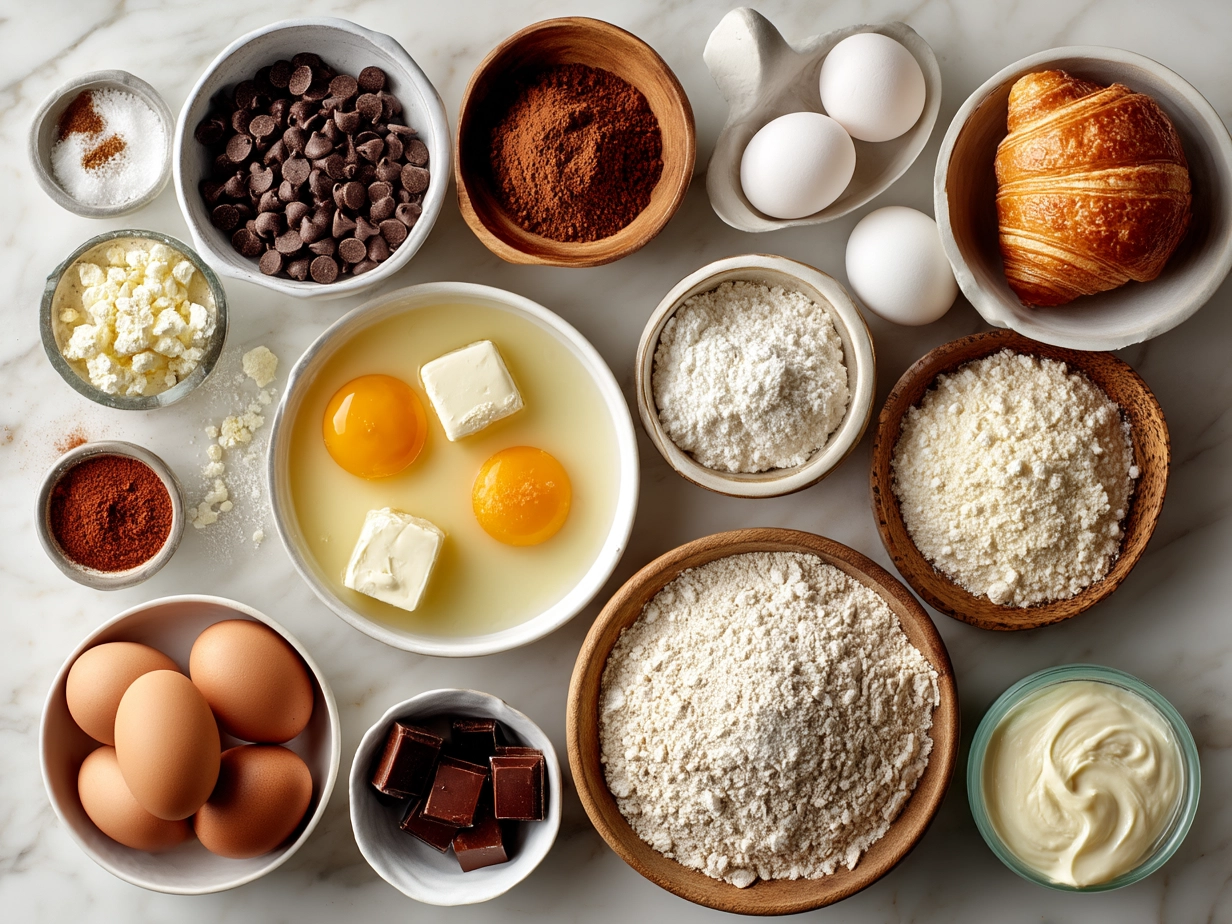 Ingredients for Croissant Breakfast Casserole including eggs, milk, croissants, ham, cheddar cheese, onions, and spices