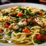 Delicious Ginger Scallion Chicken Noodle Soup Close-Up