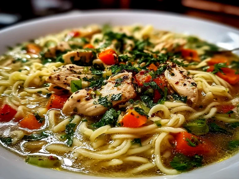 Delicious Ginger Scallion Chicken Noodle Soup Close-Up