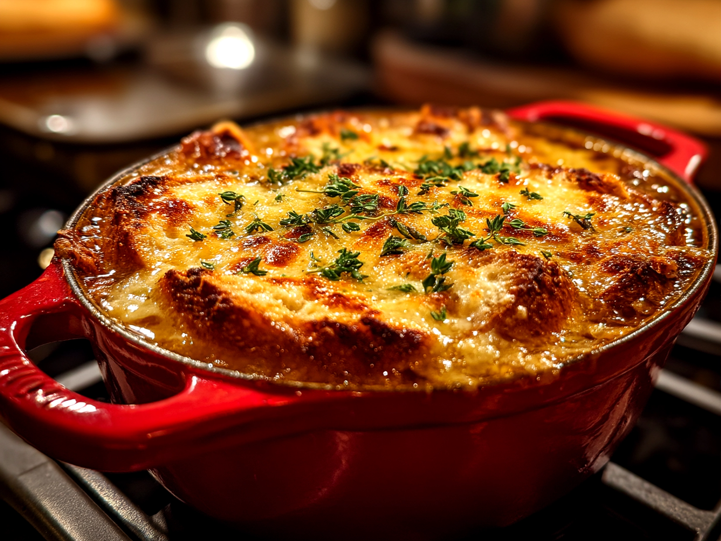Serving shot of Dutch Oven French Onion Soup with melted cheese and toasted bread