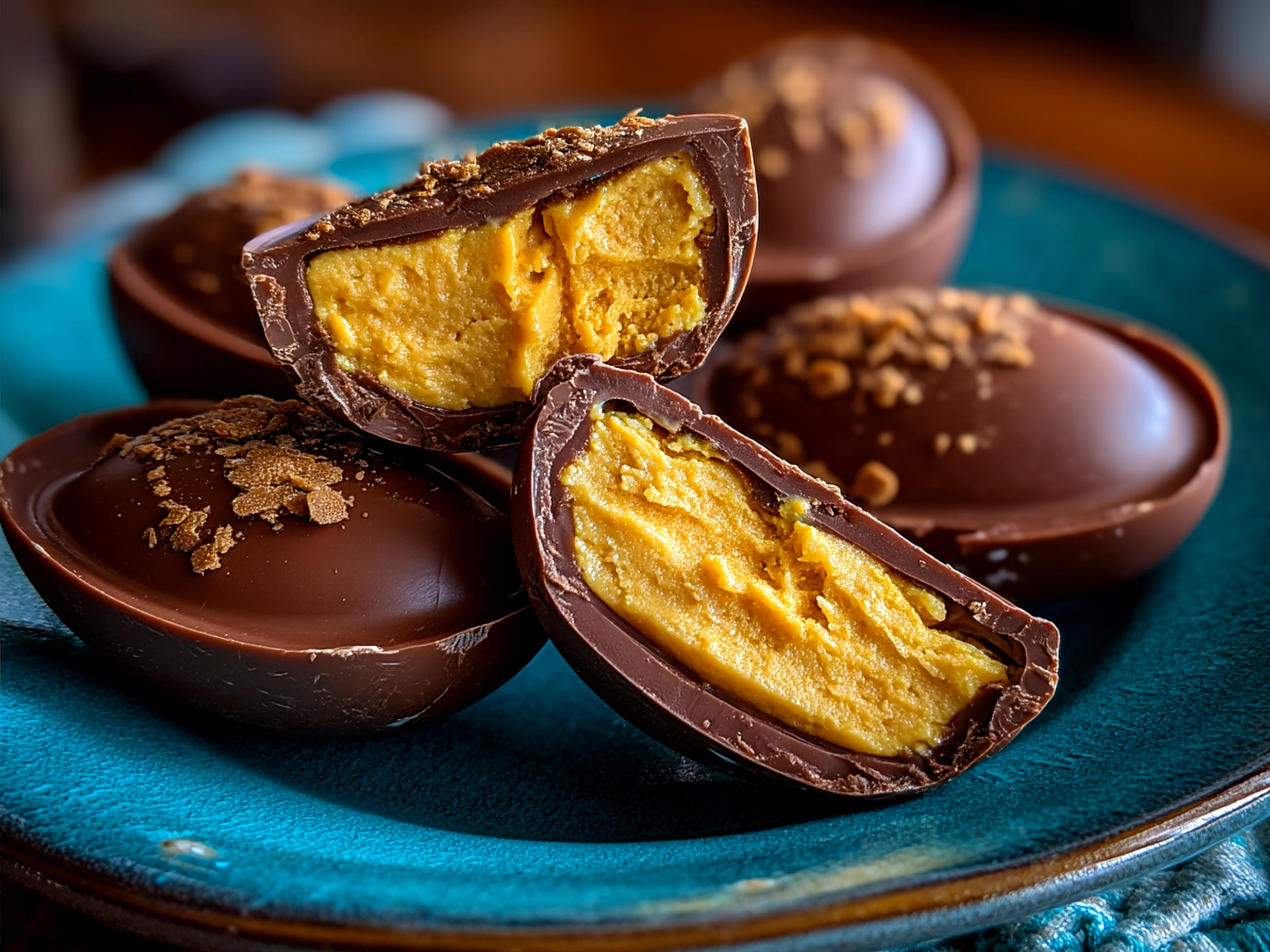 Plated Easter Peanut Butter Eggs served in pastel Easter-themed wrappers