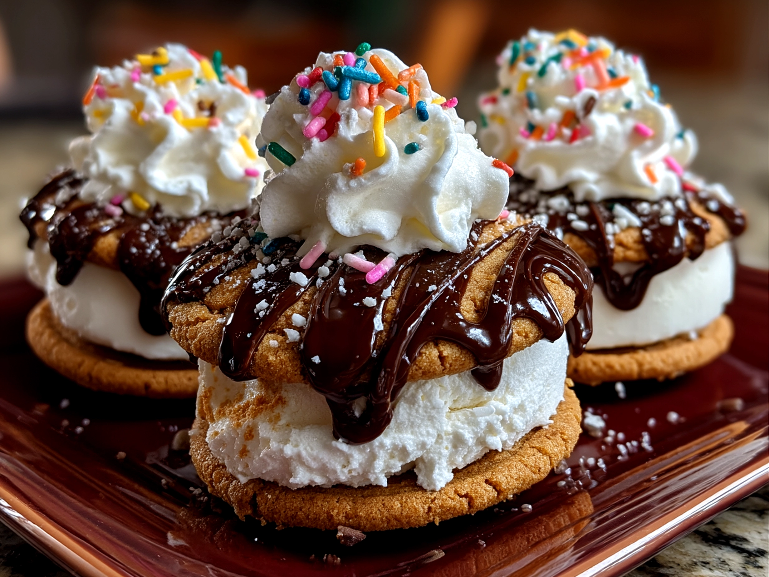 Finished Basketball Ice Cream Cookie Sandwiches stacked on wooden board