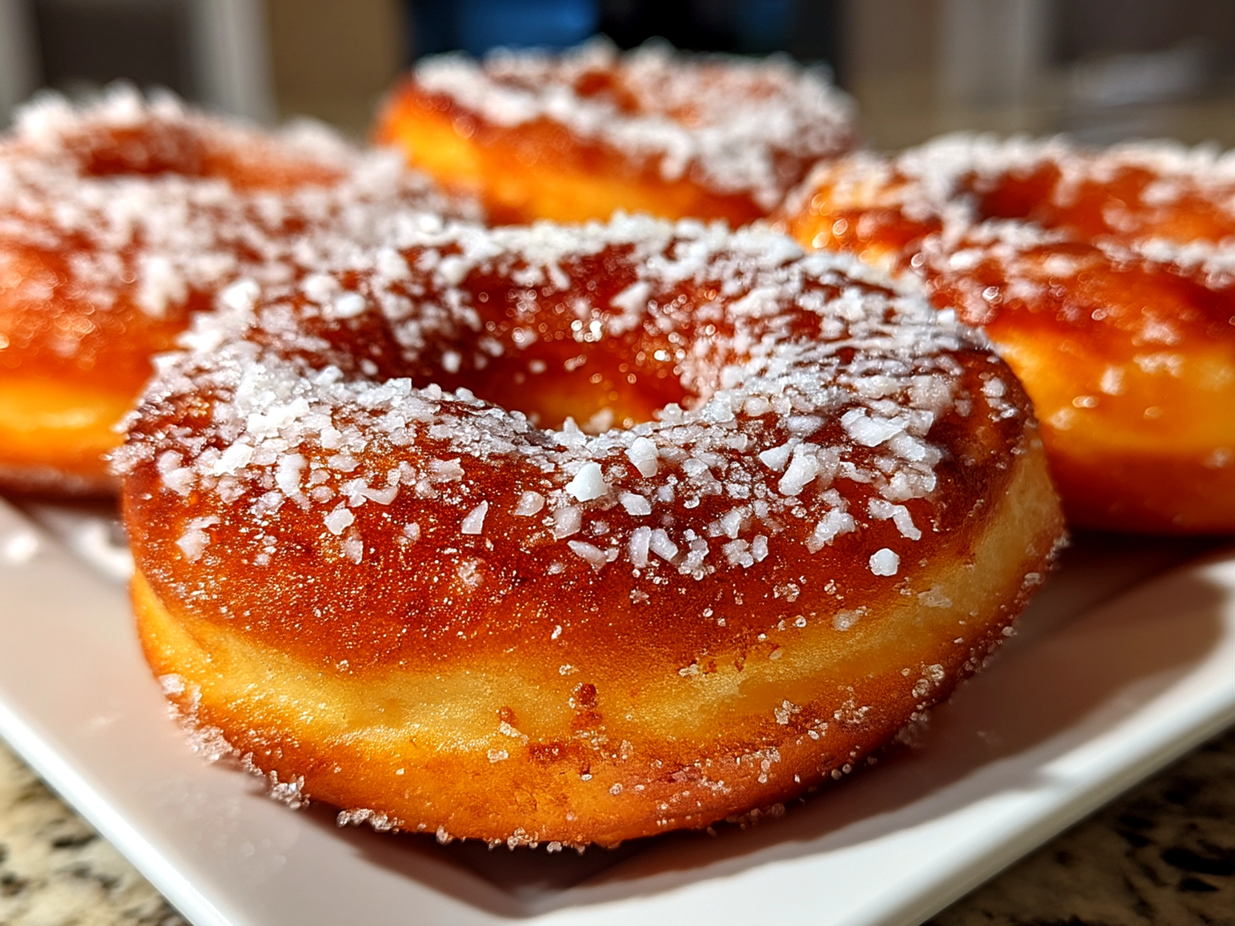 Finished batch of sourdough discard sugar donuts with fresh garnish served on a colorful plate