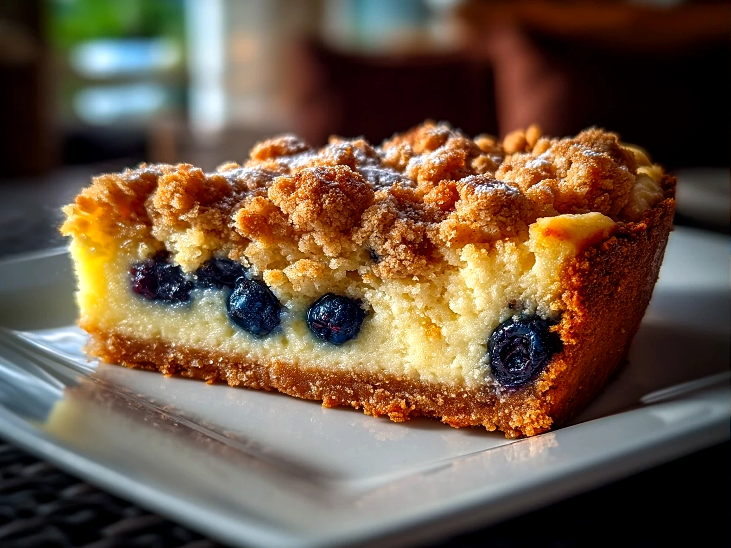 Finished Blueberry Coffee Cake with crumb topping served on a white plate