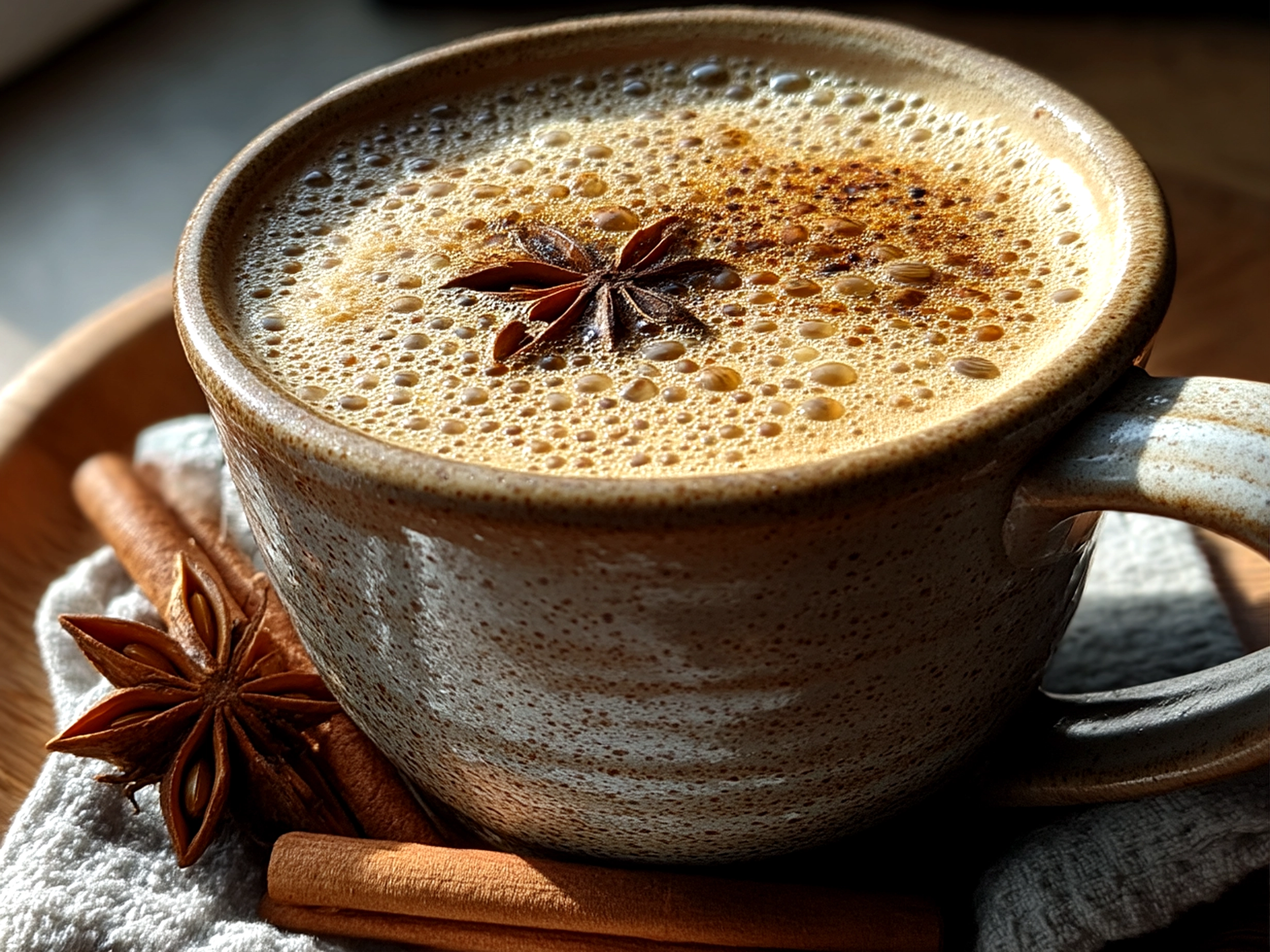 Finished creamy chai tea latte in a clear glass mug with cinnamon dusting