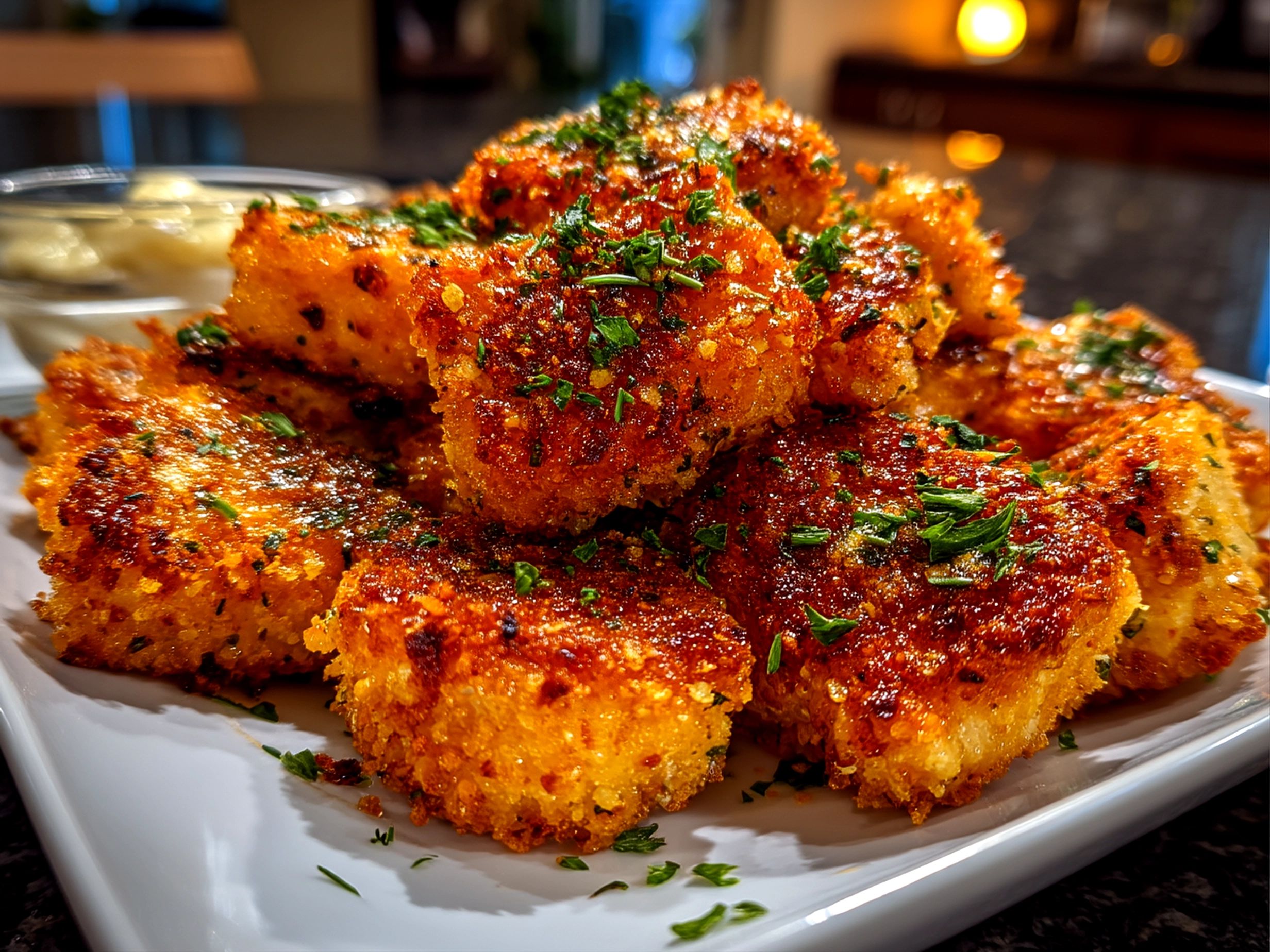 Close-up of finished crispy salmon bites freshly served