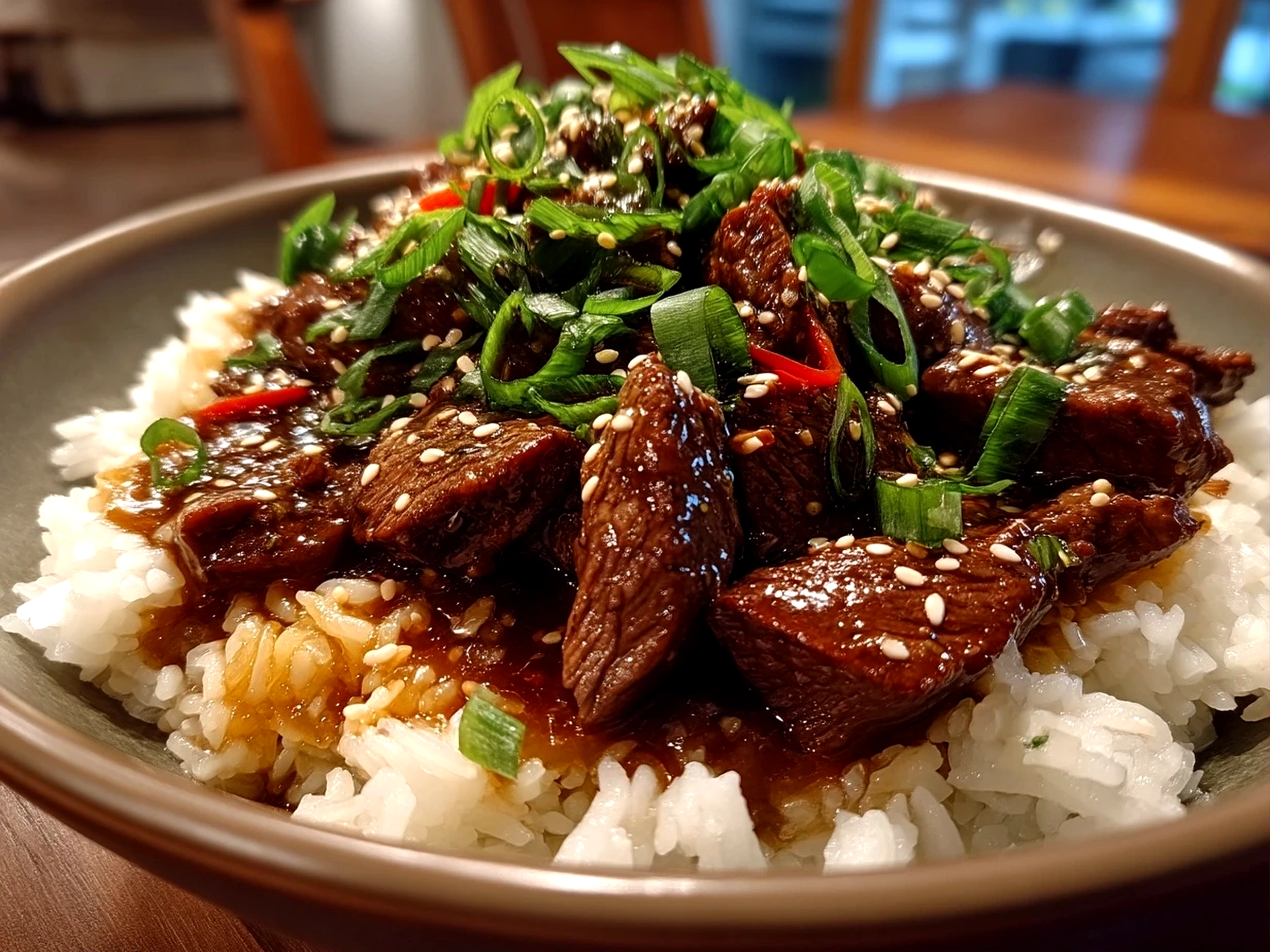 Close-up of finished Crockpot Mongolian Beef garnished with green onions