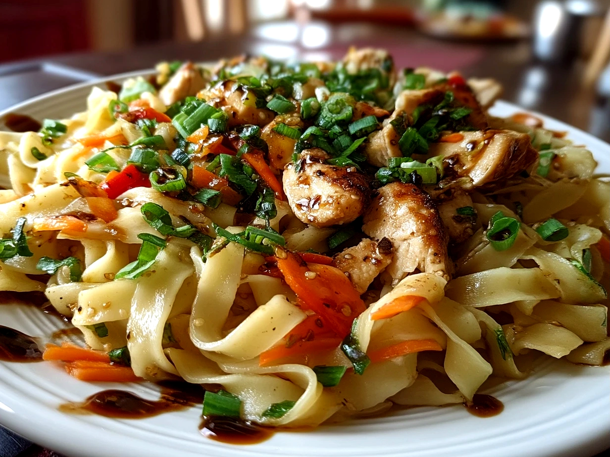 Finished freshly prepared ginger scallion chicken noodle soup served in a bowl garnished with scallions and sesame oil
