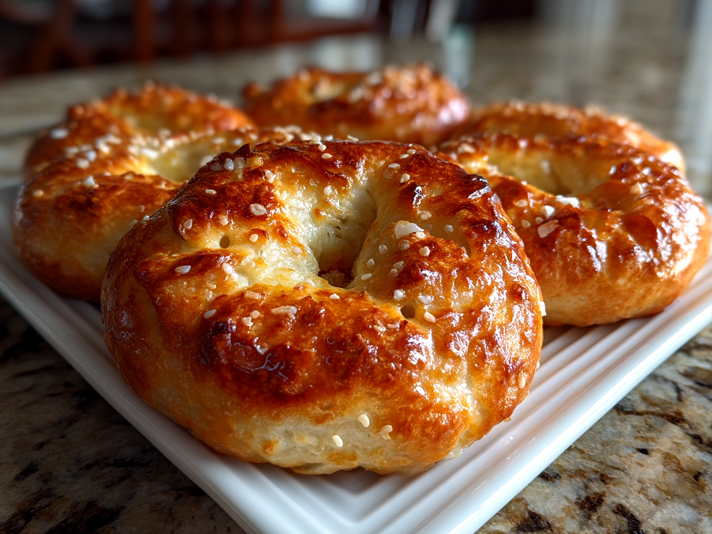 Close-up of perfectly baked Greek Yogurt Bagels with a crispy crust and soft interior